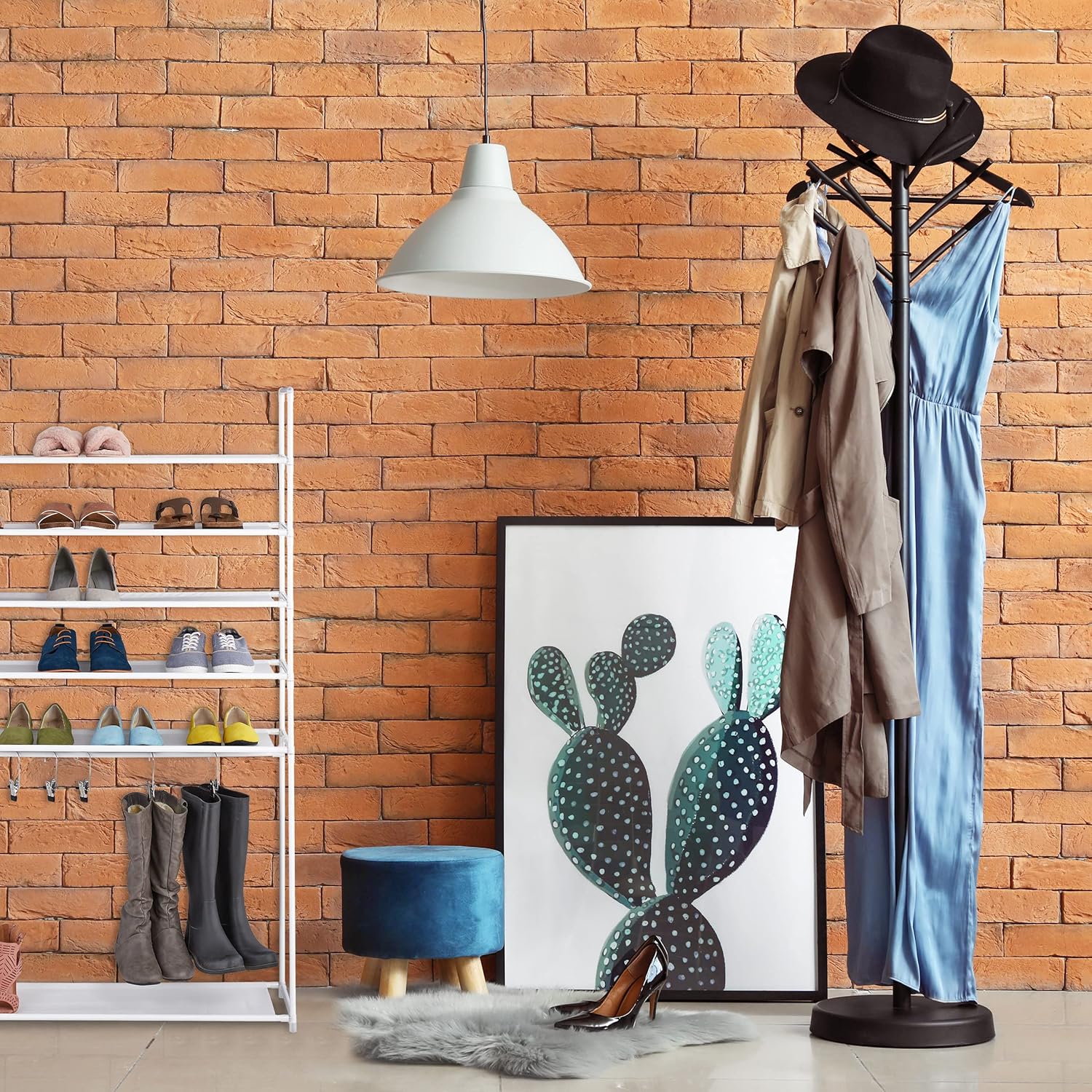 Relaxdays Shoe Rack 6 Tiers, Plug-In System, 20 Pairs of Shoes, 7 Boot Hooks, Metal & Fabric, Hallway Shoe Rack, Grey