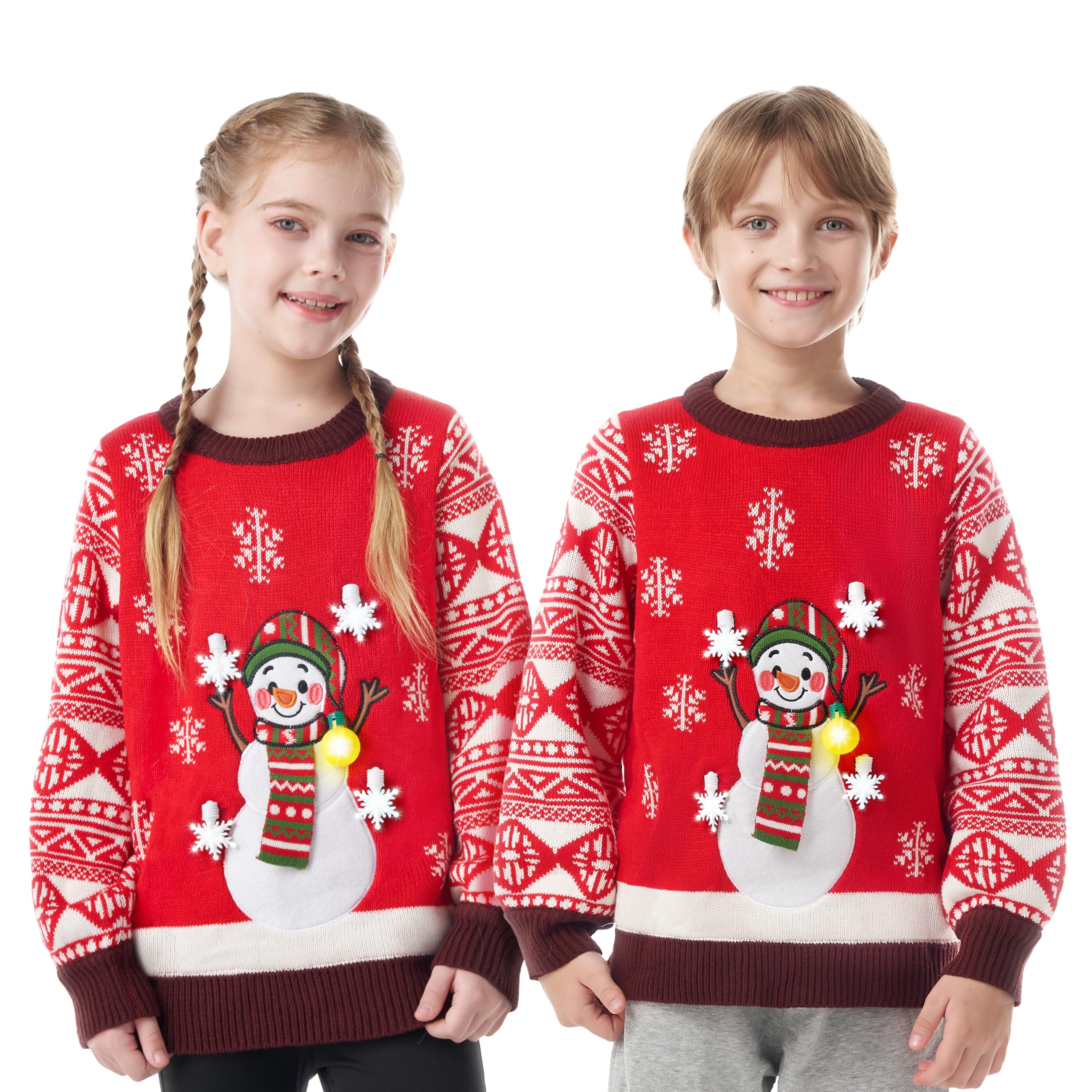 JOYIN Kids Girls Snowman Red Ugly Sweater with Light Bulb, Novelty LED Light Up Long Sleeve Xmas Knitted Pattern Pullover Sweater for Christmas Party