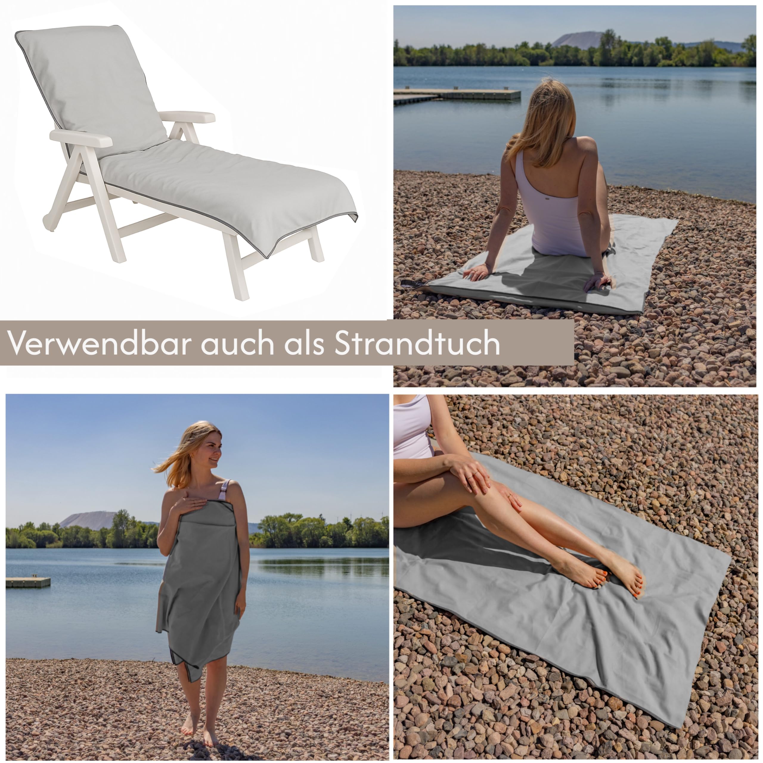 2X Handtuch für Sonnenliege - 200x75cm mit Kapuze Microfaser Light Weight Schonbezug für Gartenliege Handtücher mit Umschlag Liegestuhl Bezug Strandliege (Hellgrau, 2 Stück)