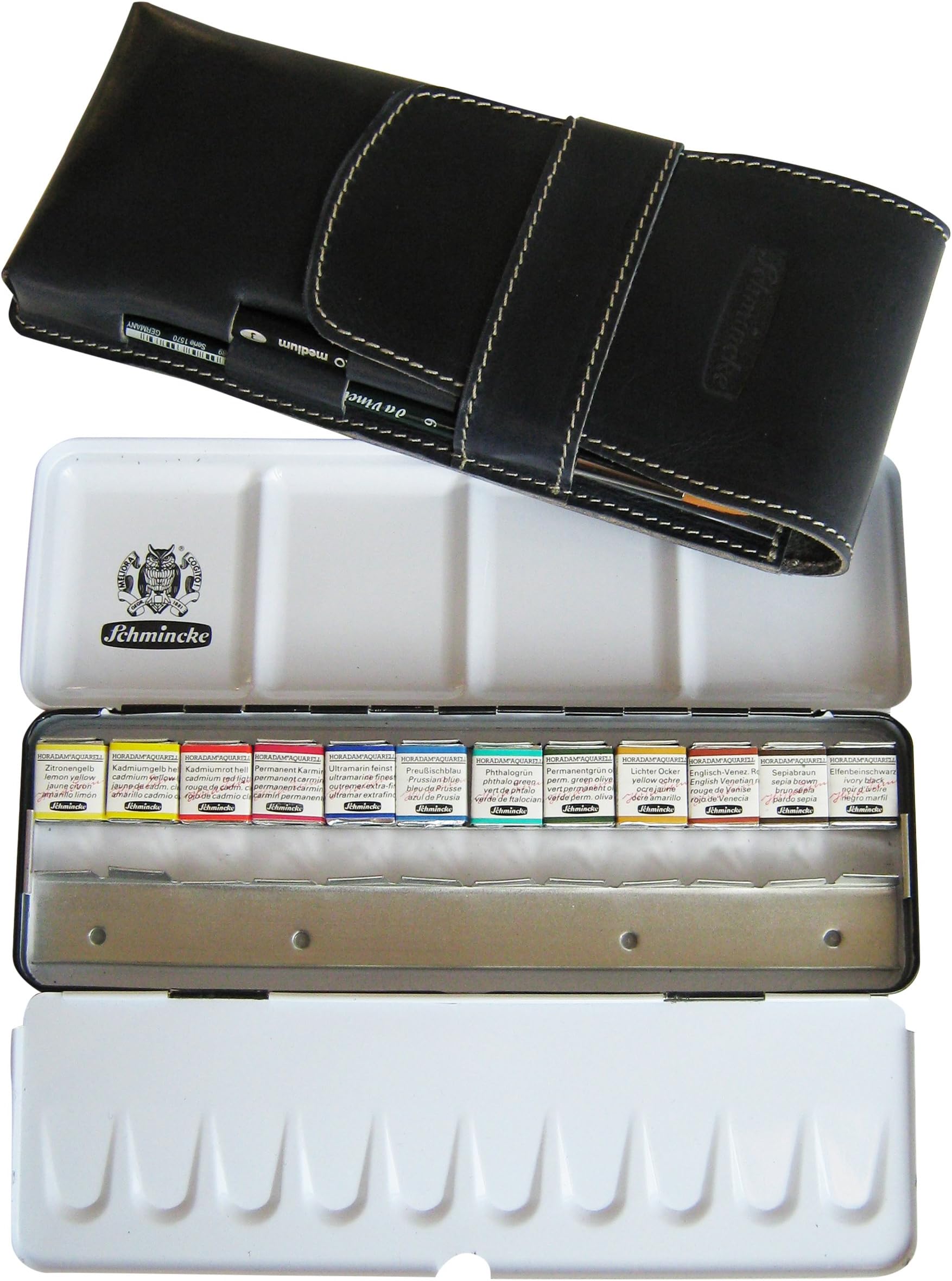 Schmincke Horadam Aquarell Half-Pan Paint Set in Leather Case, Includes Brush, Set of 12 Colors (74705097)