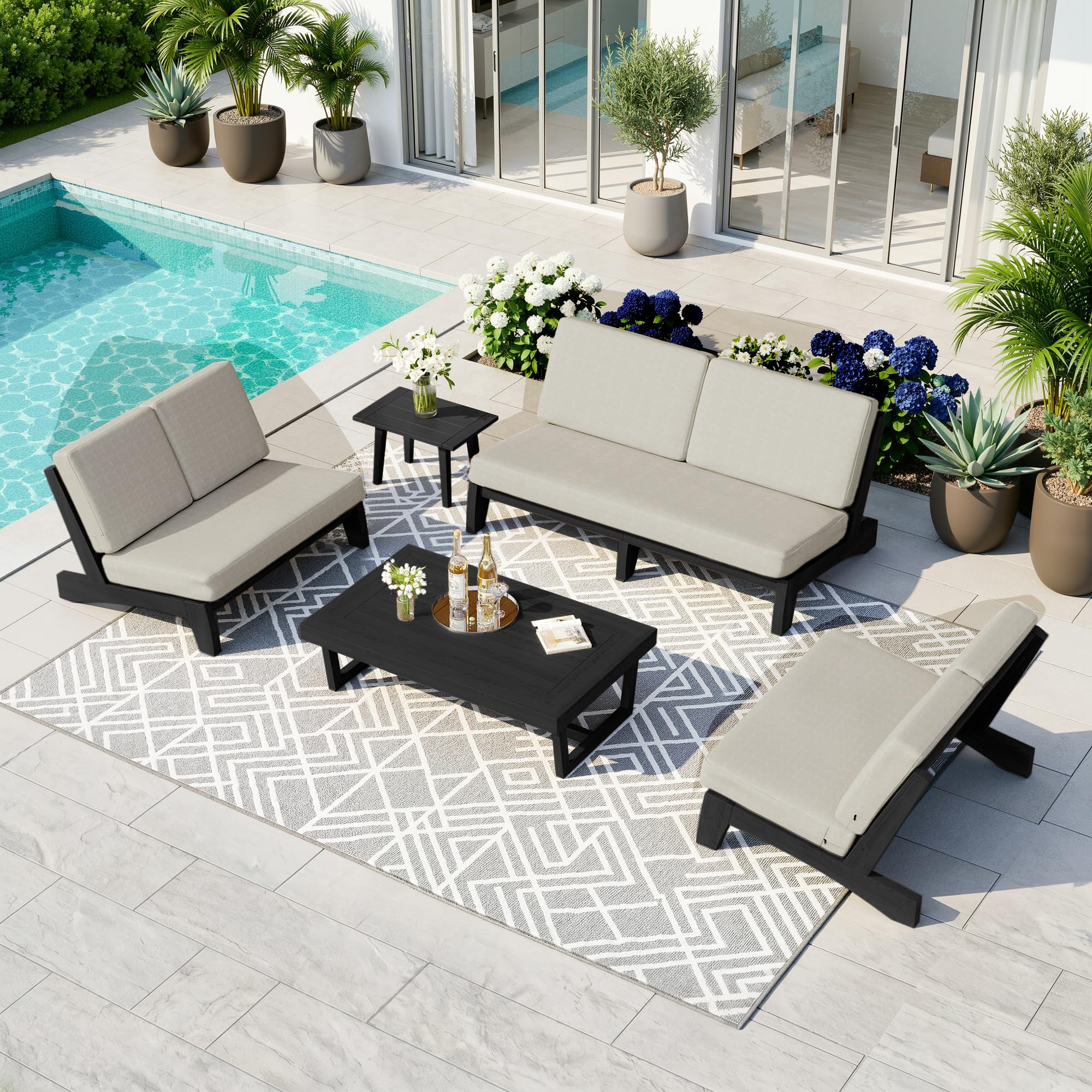 Pia Ricoo 5-Piece Patio Furniture Set, Outdoor Sofa with 2 Split Back Loveseat, 2 Chairs &amp; Coffee Table, Conversation Set for Backyard/Deck/Lawn - Light Camel/Dark