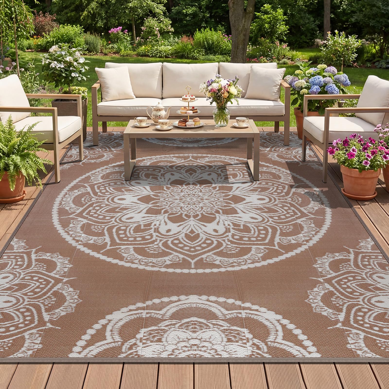 Tapis Exterieur Resistant Pluie Terrasse Tapis Barbecue Sol Exterieur Grand Tapis Plastique Exterieur Imperméable Tapis d'extérieur pour Terrasse Jardin Balcon Plage Salon 180 x 270 cm, Beige Marron