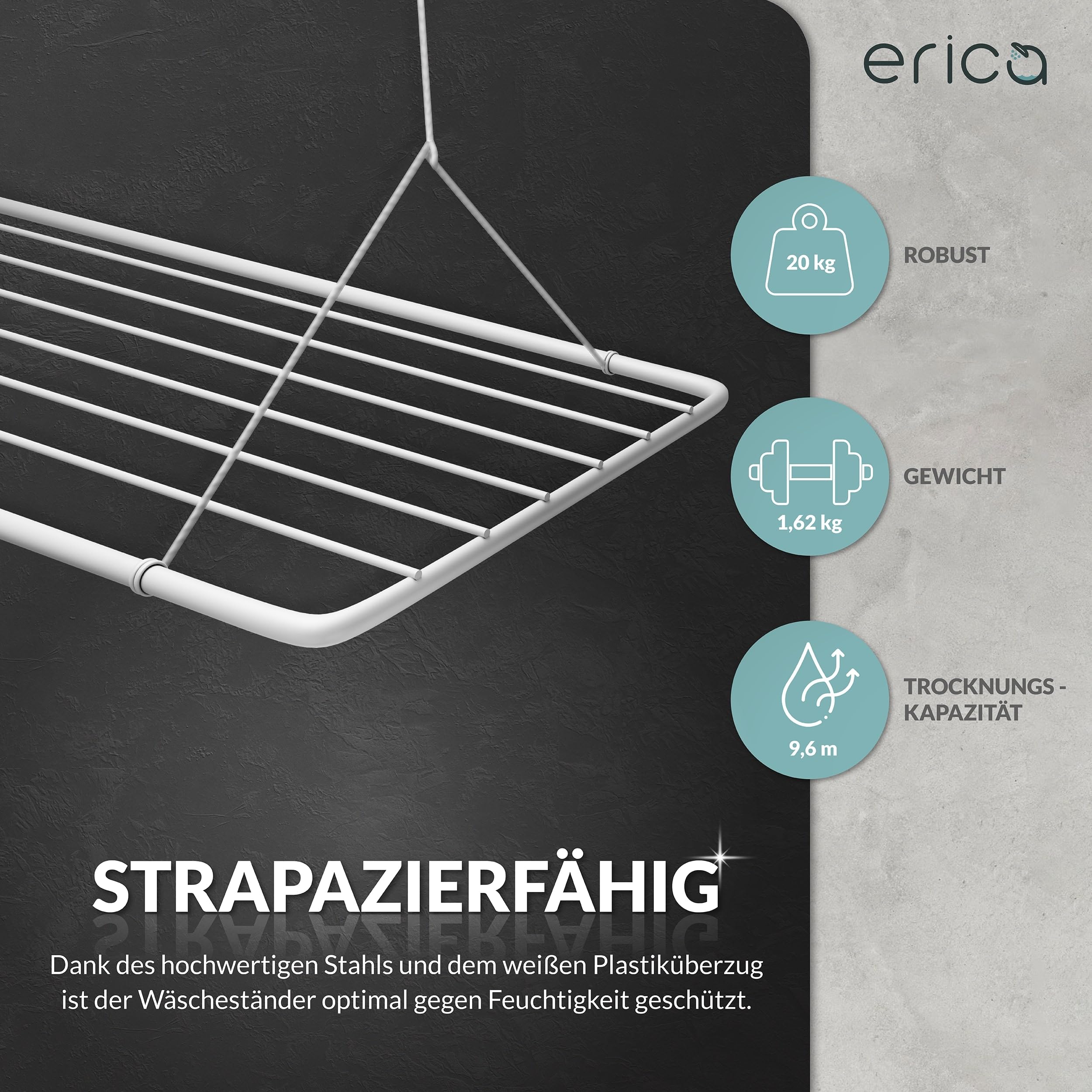 Erica Wäscheständer Decke 140x50cm, Platzsparend mit 11,2m Trocknungsfläche, Vertikal zusammenklappbar 2,5m, Deckenwäschetrockner aus Metall, Weiß
