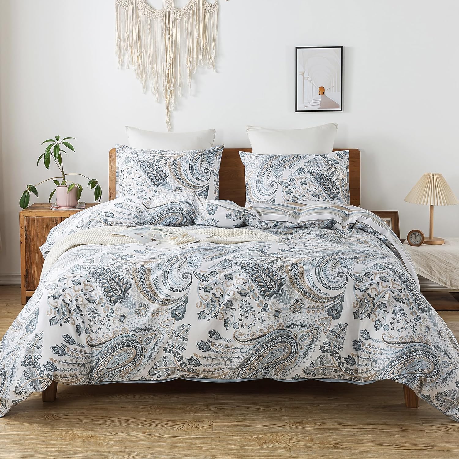 HoneiLife Cotton Duvet Cover Queen - 3pcs Paisley Comforter Cover, Soft & Breathable Floral Bedding Duvet Cover Sets with Zipper Closure & Corner Ties, Wildflower Comforter Cover Sets All Season Use