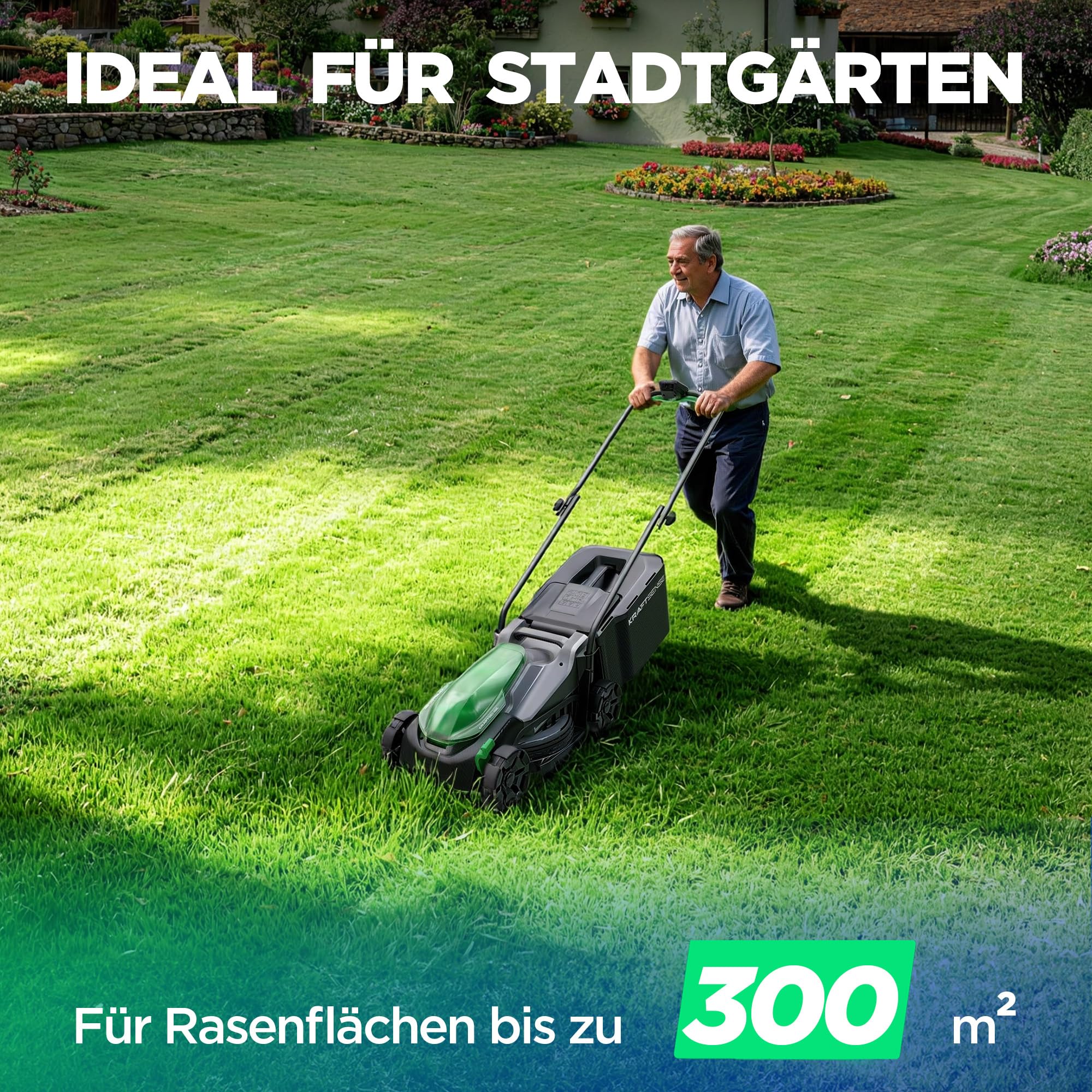 Akku-Rasenmäher für kleine Gärten, 33 cm Arbeitsbreite, bürstenloser Antrieb, 2-in-1 Mulchen & Fangen, mit 5,0 Ah Akkus für bis zu 300 m² pro Ladung, inkl. Typ-C-Ladekabel
