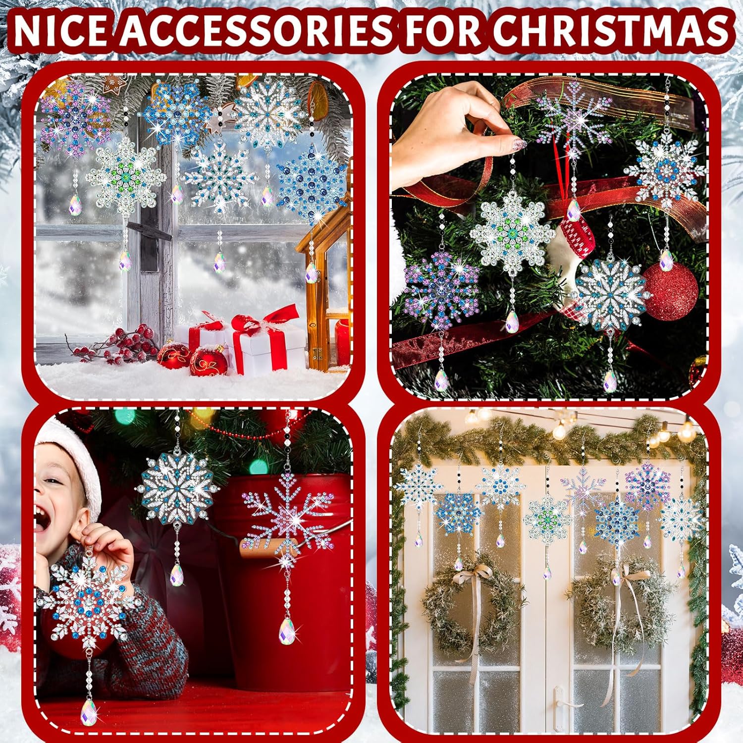 Uiifan 8 Pcs Winter Snowflake Diamond Art Kits 5d DIY Point Drill Painting Wind Crystal Wind Chimes Diamond Kit Double Sided Snowflake Ornaments with Crystal Pendant for Home Garden Hanging Decor