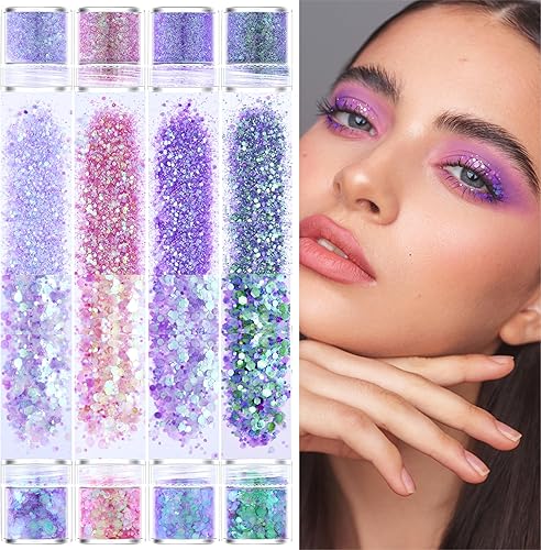 GABOX Juego de 8 frascos de purpurina gruesa cosmética púrpura sirena, resina holográfica para uñas, polvo fino + 0.039 in+0.079 in + 0.118 in,