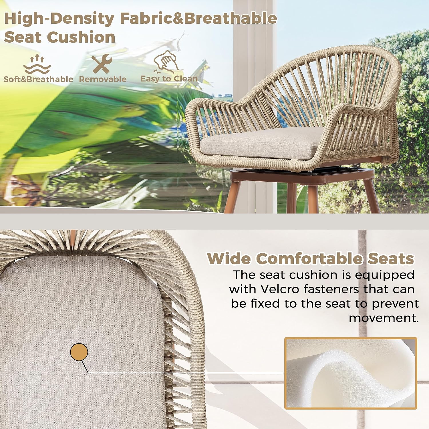 24“ Swivel Rattan Bar Stools Set of 2，Counter Height barstools with Curved Backrest & Footrest，Heavy-Duty 300lbs Boho Aluminum Woven Bar Stools for Kitchen Island & Dining Room (Beige, set of 2)