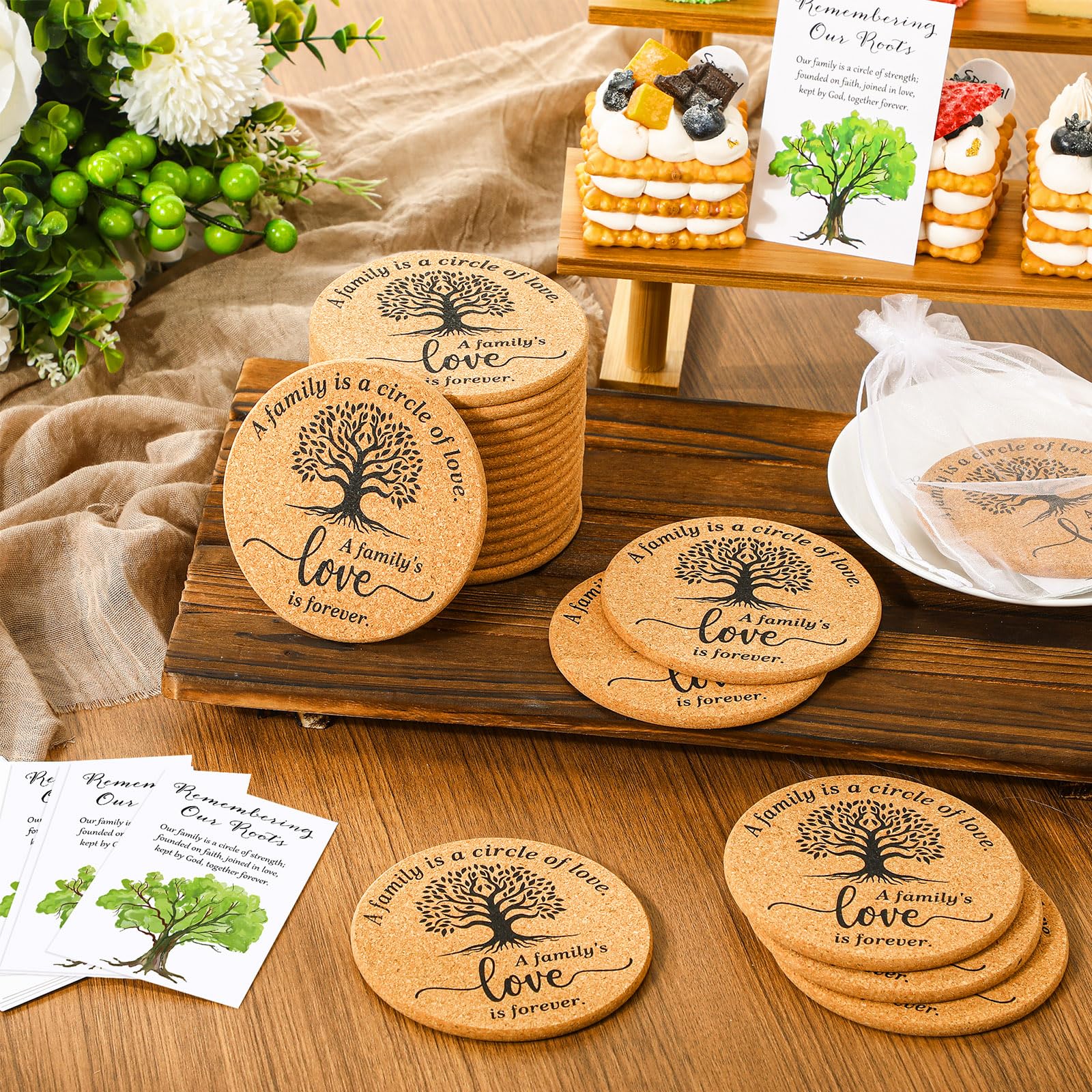 Teenyyou Juego de 100 posavasos de corcho absorbente con tarjetas y bolsas de regalo de organza, regalo para reuniones familiares