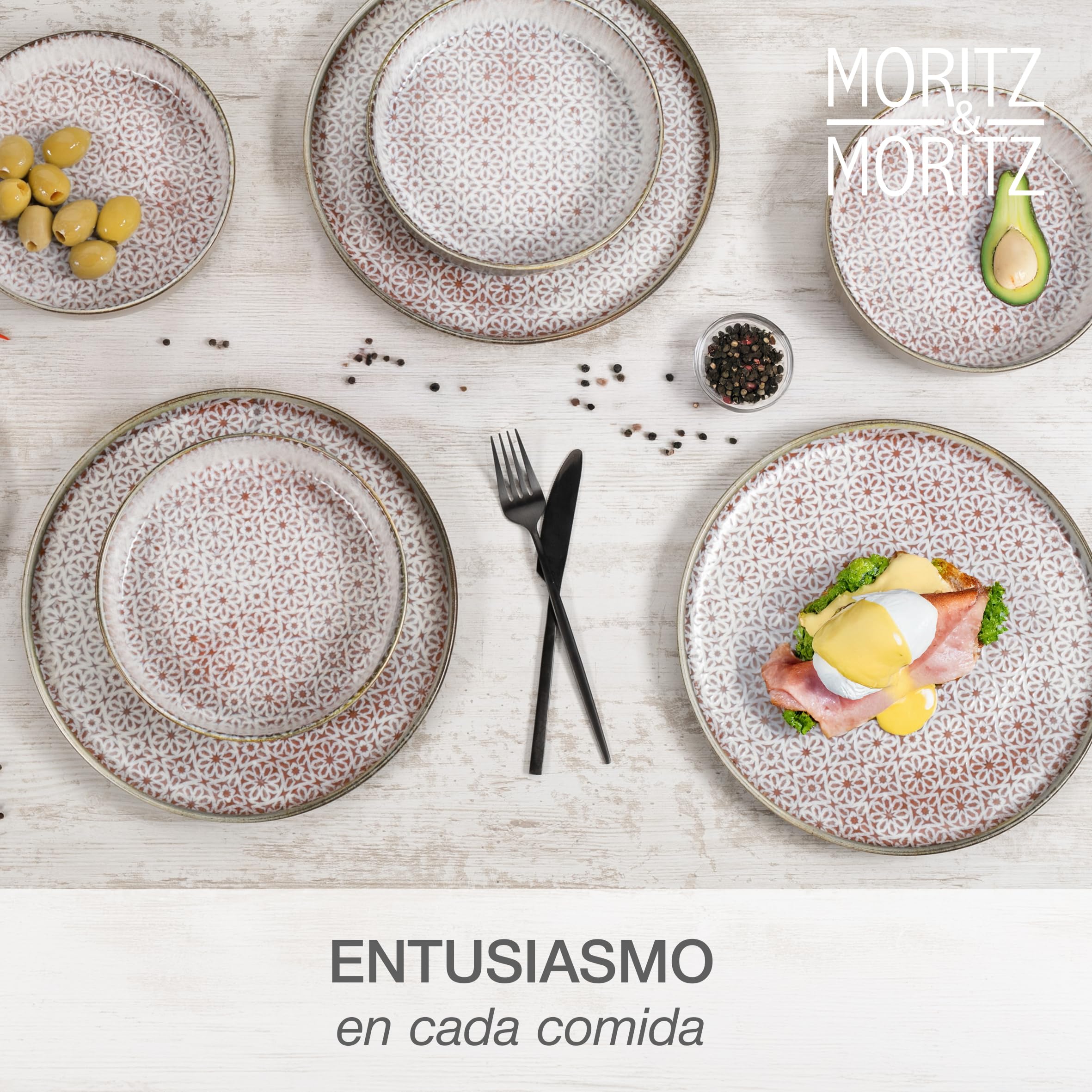 Moritz & Moritz ALHAMBRA - Vajilla para 6 personas, 18 piezas, de porcelana de alta calidad, moderna vajilla en mousse, fácil cuidado, juego de 6 platos llanos, platos de postre y cuencos