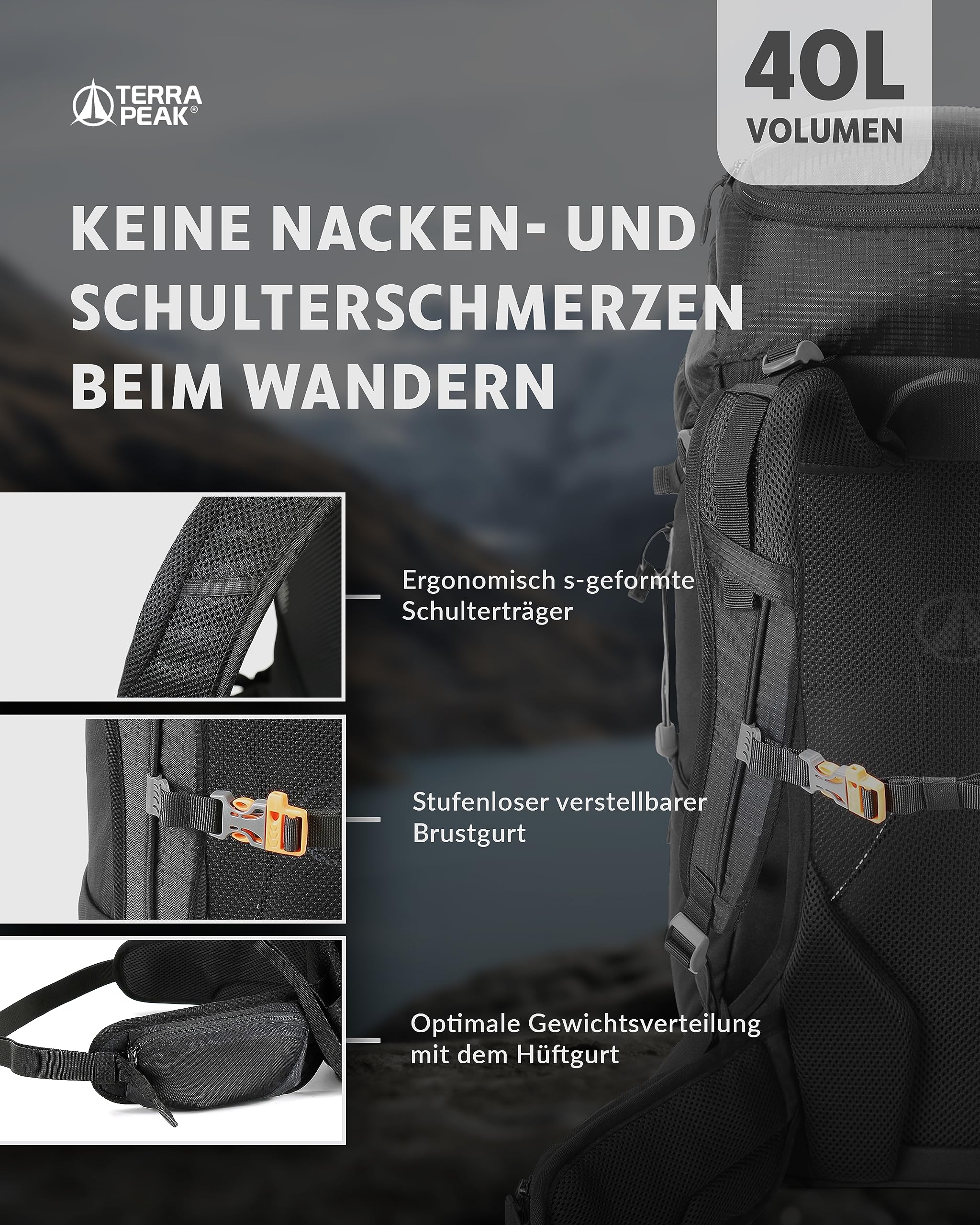 Terra Peak® Premium Wanderrucksack mit belüfteten Netzrücken 20L 30L & 40L (AIRANT) Damen & Herren mit Rückenbelüftung & Regenschutz - Ergonomischer Trekkingrucksack aus atmungsaktivem Mesh & Hüftgurt