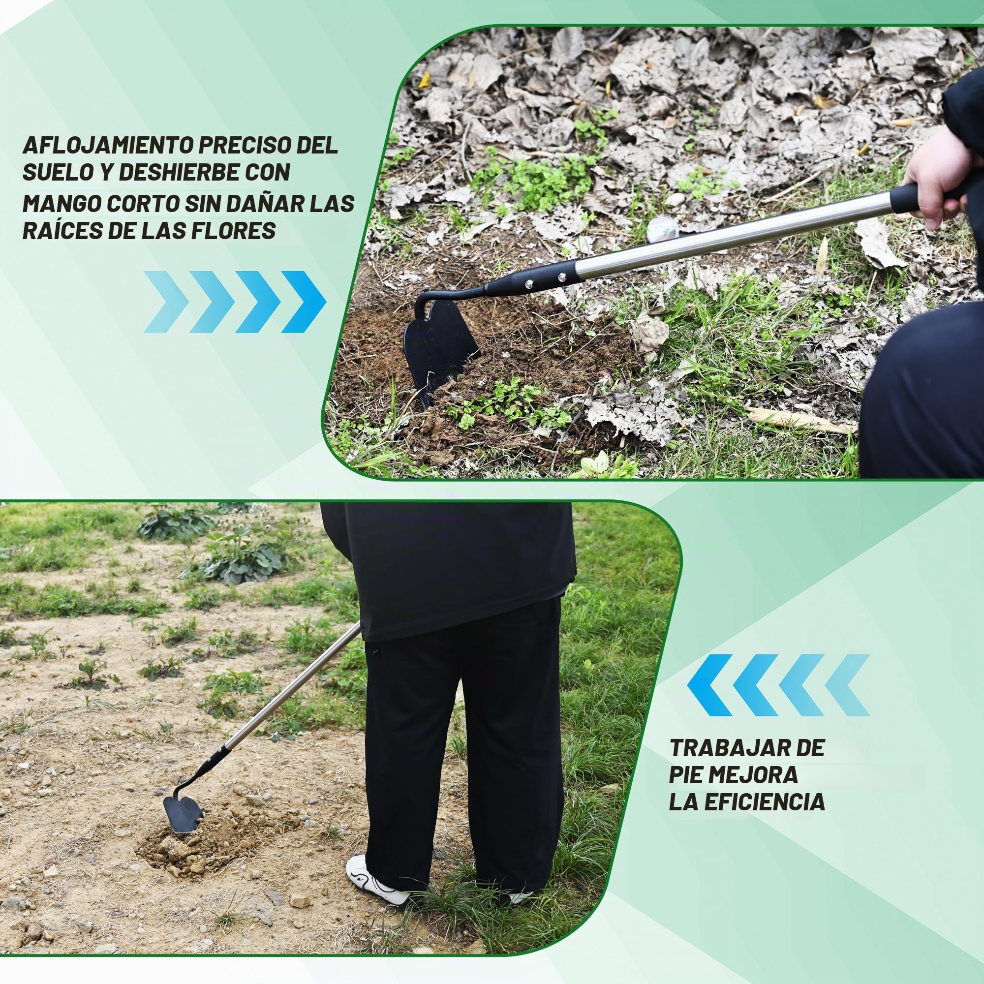 YEELOR Azada de jardín, herramienta de jardín de mango largo con cubierta de silicona antideslizante, mango de acero inoxidable de 56 pulgadas, azada resistente con hoja duradera, para excavar,