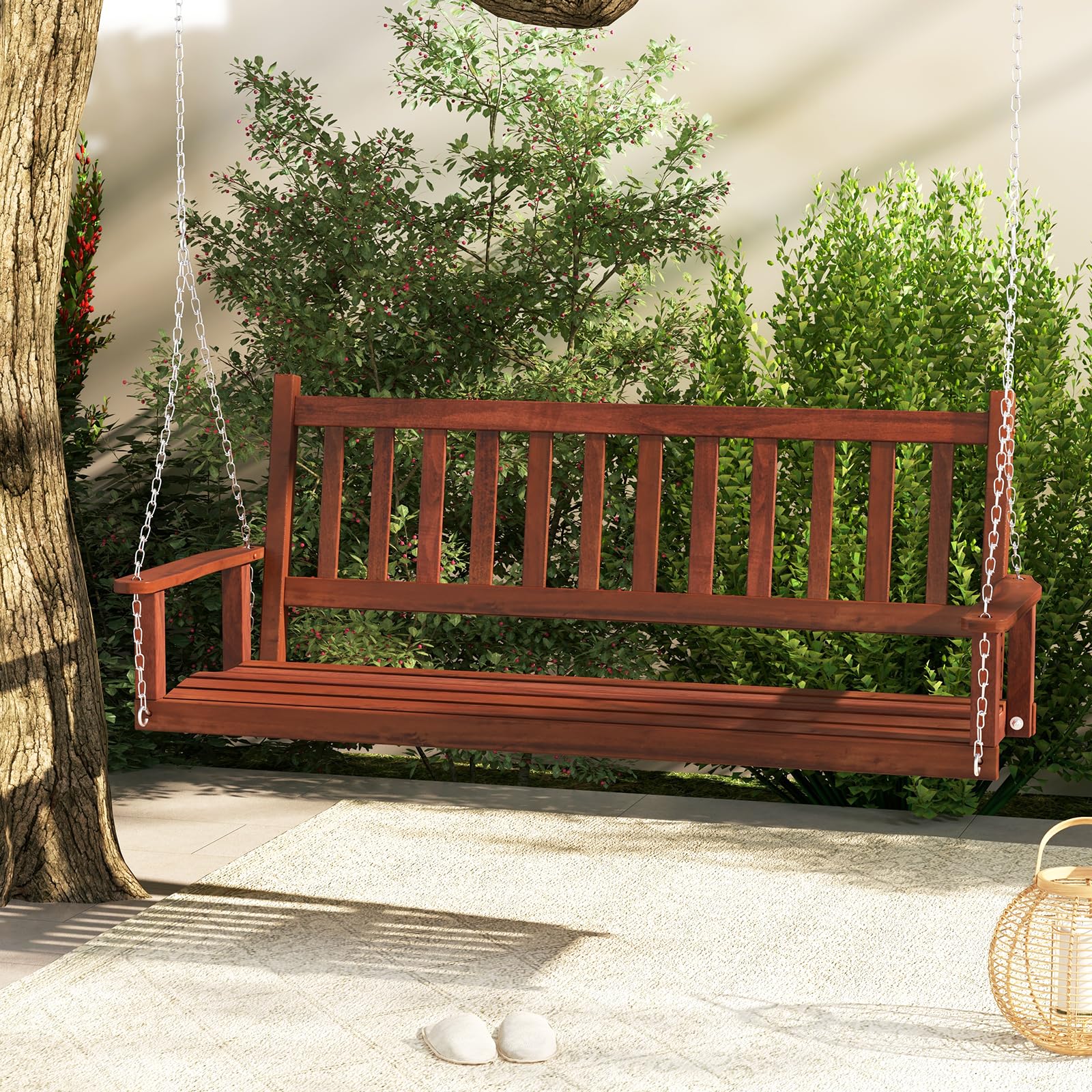 GIANTEX Hängeschaukel aus Holz, für 2/3 Personen, mit verstellbaren und robusten verzinkten Metallketten, mit Rückenlehne aus Latten und Sitz für Terrasse, Garten (168 x 65 x 63 cm, Braun)