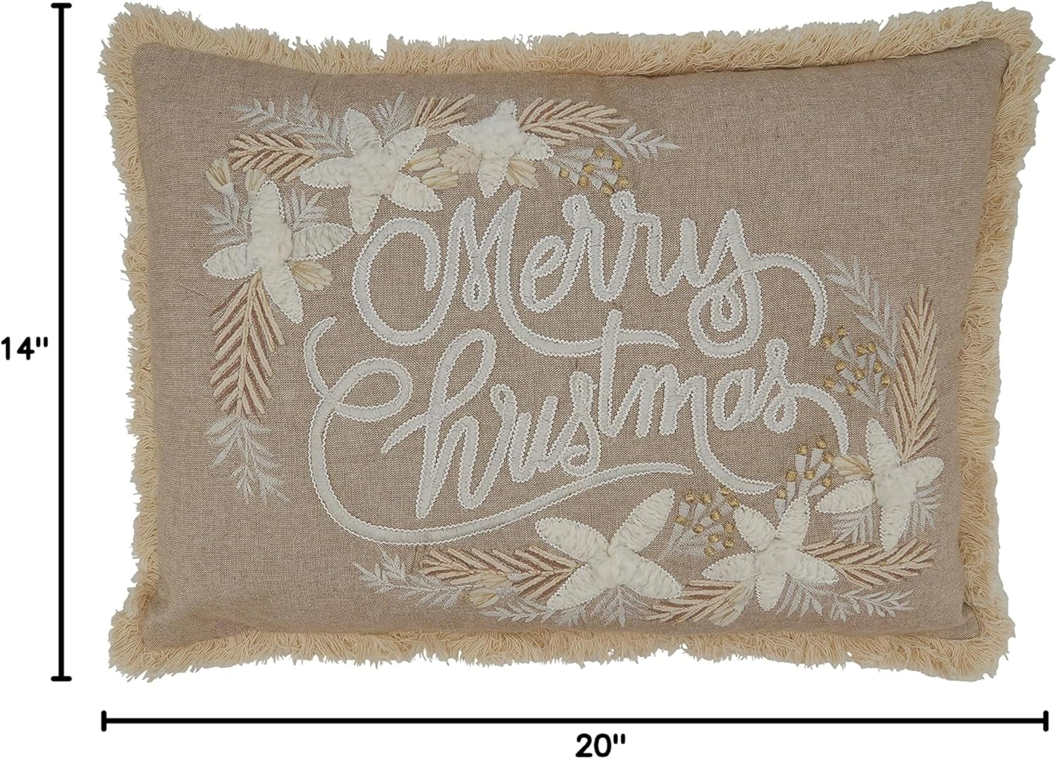 SARO LIFESTYLE Evangelina Collection Embroidered Merry Christmas Throw Pillow with Poly Filling, 14"x20", Natural