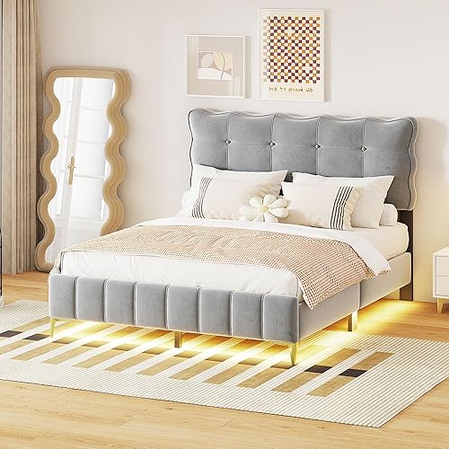 Miniatura 156 de Base de cama flotante tamaño Queen con luces LED y carga USB, marco de cama LED de plataforma tapizada moderna, no necesita somier (blanco-1)