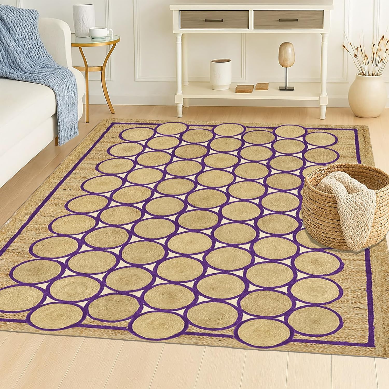 Premium Quality Jute Rug 12x15 Feet Area Rug Natural Fiber Jute Rugs Thick 0.27" Geometric Purple Circle & Border Rugs for Farmhouse Indoor Outdoor Decorative Floor Carpet