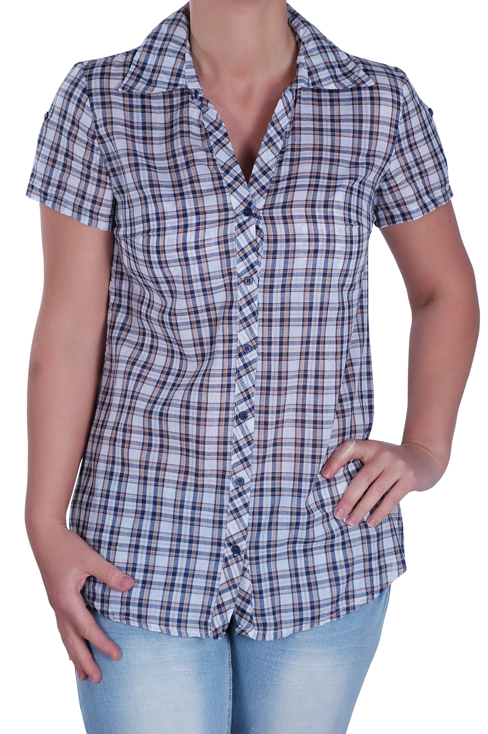Eye Catch Ladies Casual Check Shirt Office Work Womens Blouse Top Blue X-L