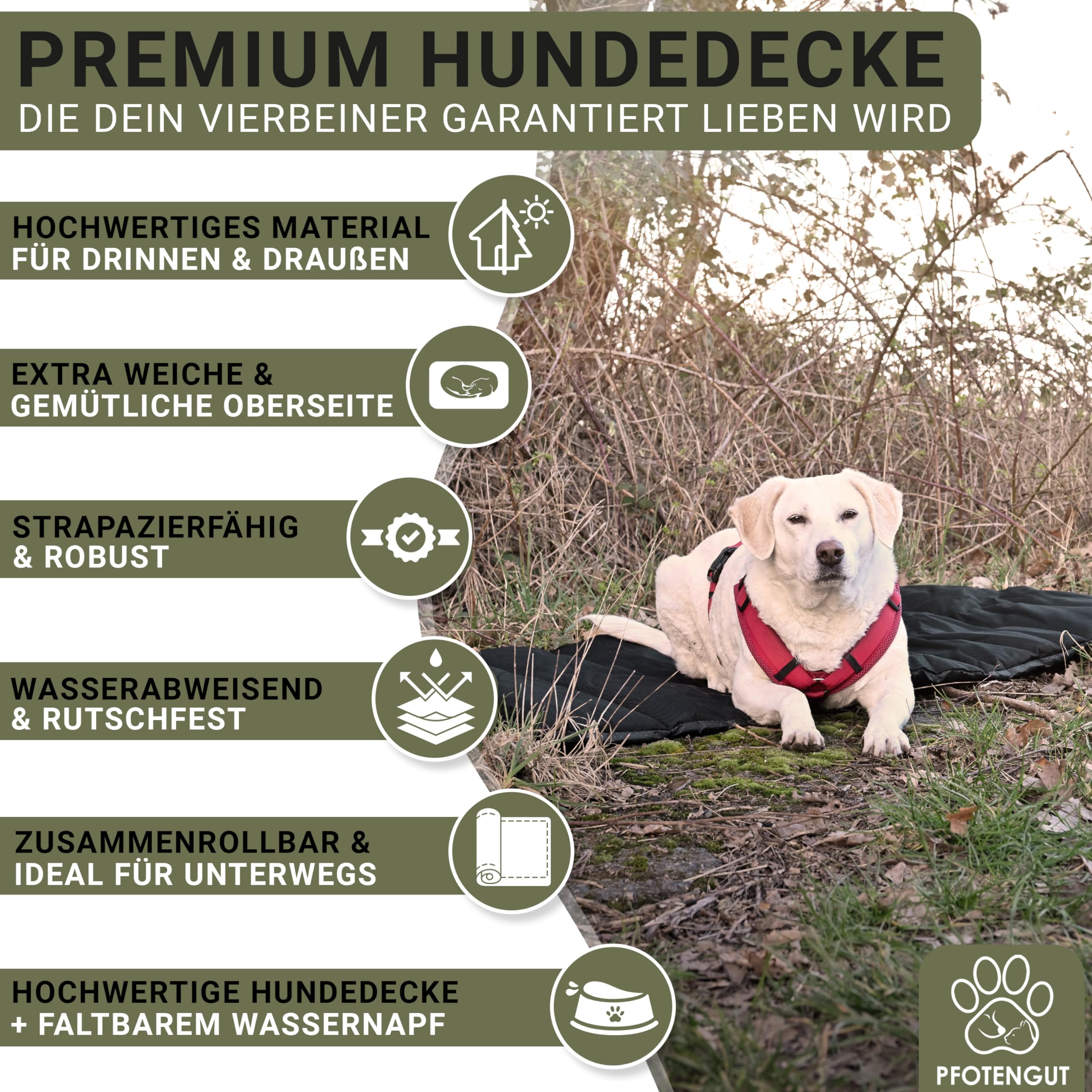 Couverture pour chien pour les déplacements [imperméable et antidérapant] – Tapis doux pour chien d'extérieur [110 x 70 cm] à emporter avec gamelle d'eau pliable avec mousqueton, HD11070