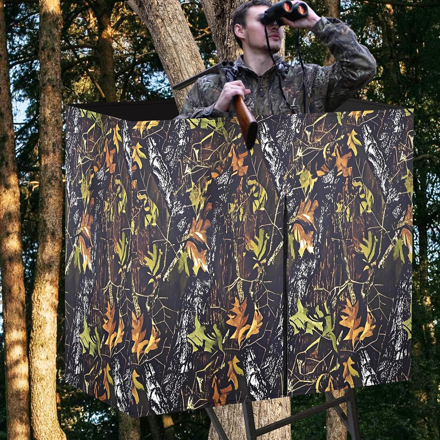 Hunting Tree Stand Blinds - Treestand Camo Blind Cover Deer Stand Accessories with Zipper and 2 Pocket, 102"x35.5" 2 Man Ladder Stands Blind Kit Hunting Ground Blind for Deer and Turkey - Image 6