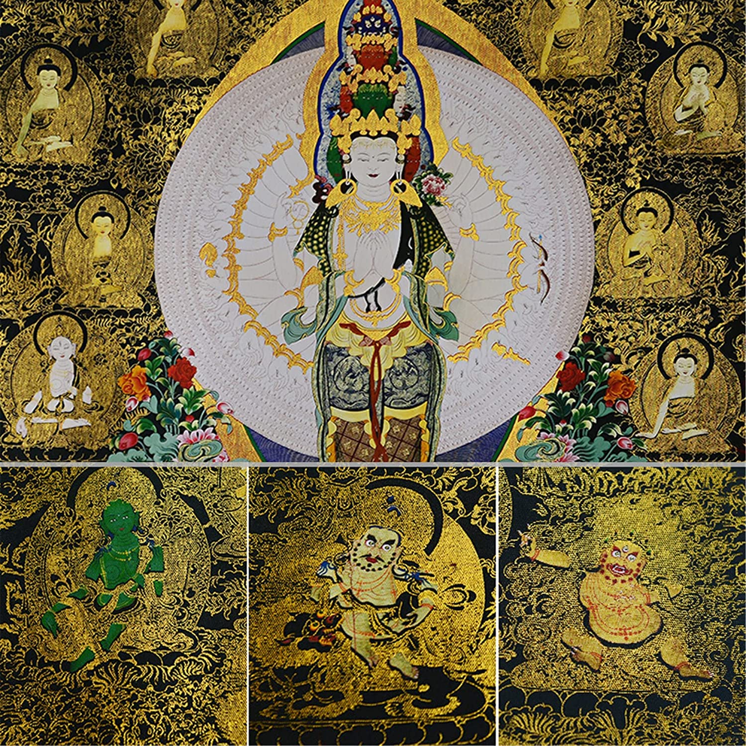 Gobelin Thangka, buddyjska statua malarstwa Buddy, gobelin Buddy ze zwojem, tysiąc uzbrojonych awokitesvara, Padmapani, tybetańska statua Buddy malarstwa sztuki, gobelin Buddy ze zwojem, czarny