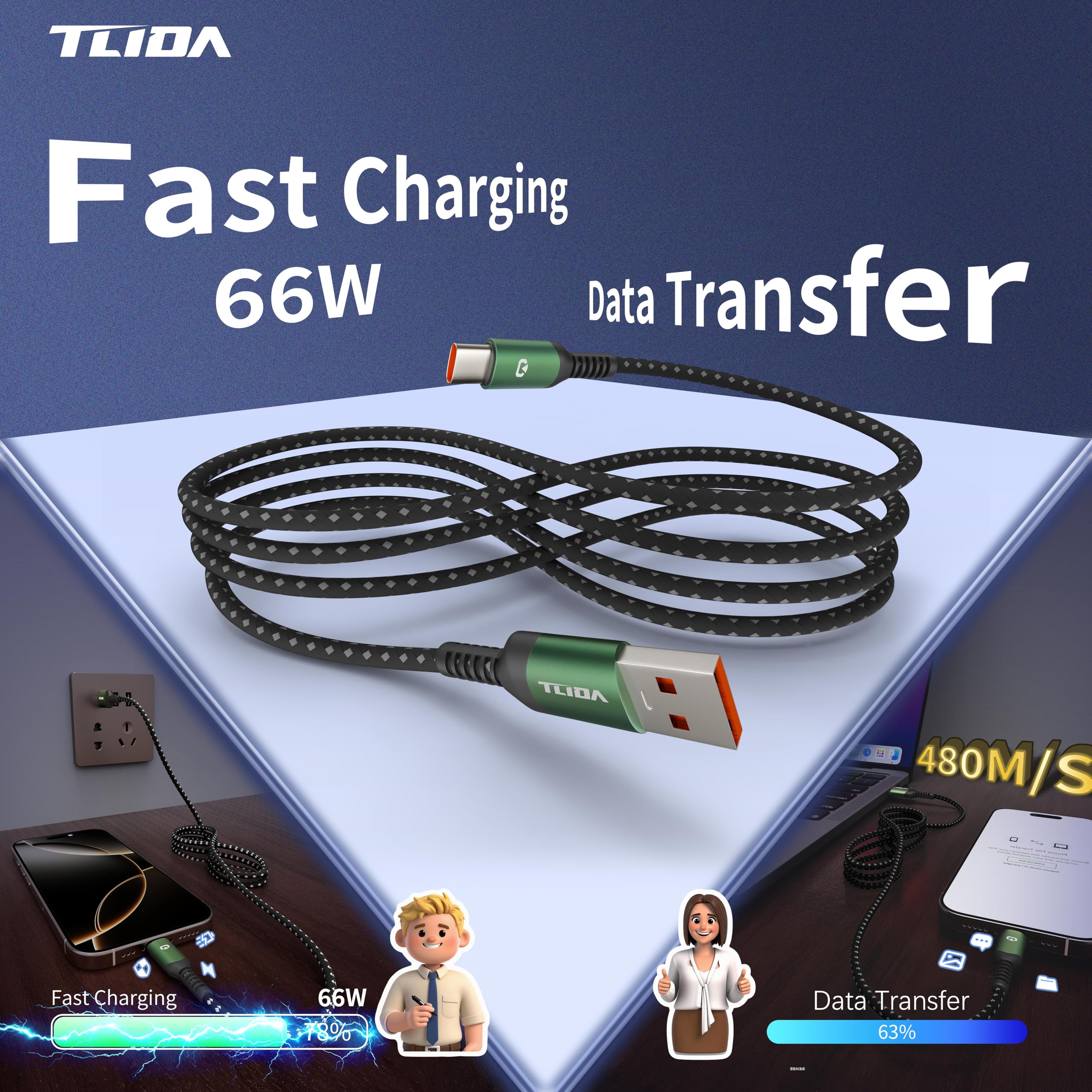 Kabel USB na USB C, 1 m, 480 m/s, kabel do szybkiego ładowania, pleciony przewód USB C, kabel do ładowania Samsung do iPhone'a 15/15 Pro Max Power Bank, kabel do ładowania typu C, kabel do