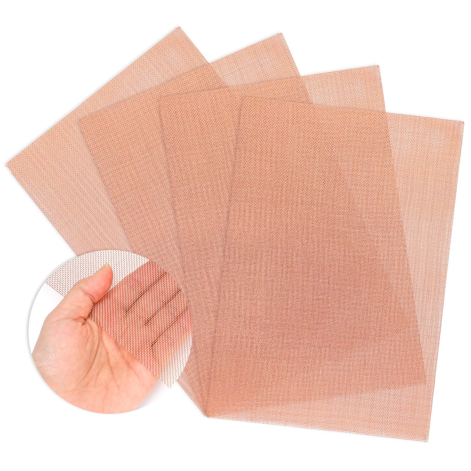 4 Pack 11.81 x 8.27 Inches Copper Woven Mesh Screen 99.9% Pure Copper Wire Metal Mesh Sheet for Air Vent Mesh, Hole Blocking, Grounding, Dense Filter Window Protection
