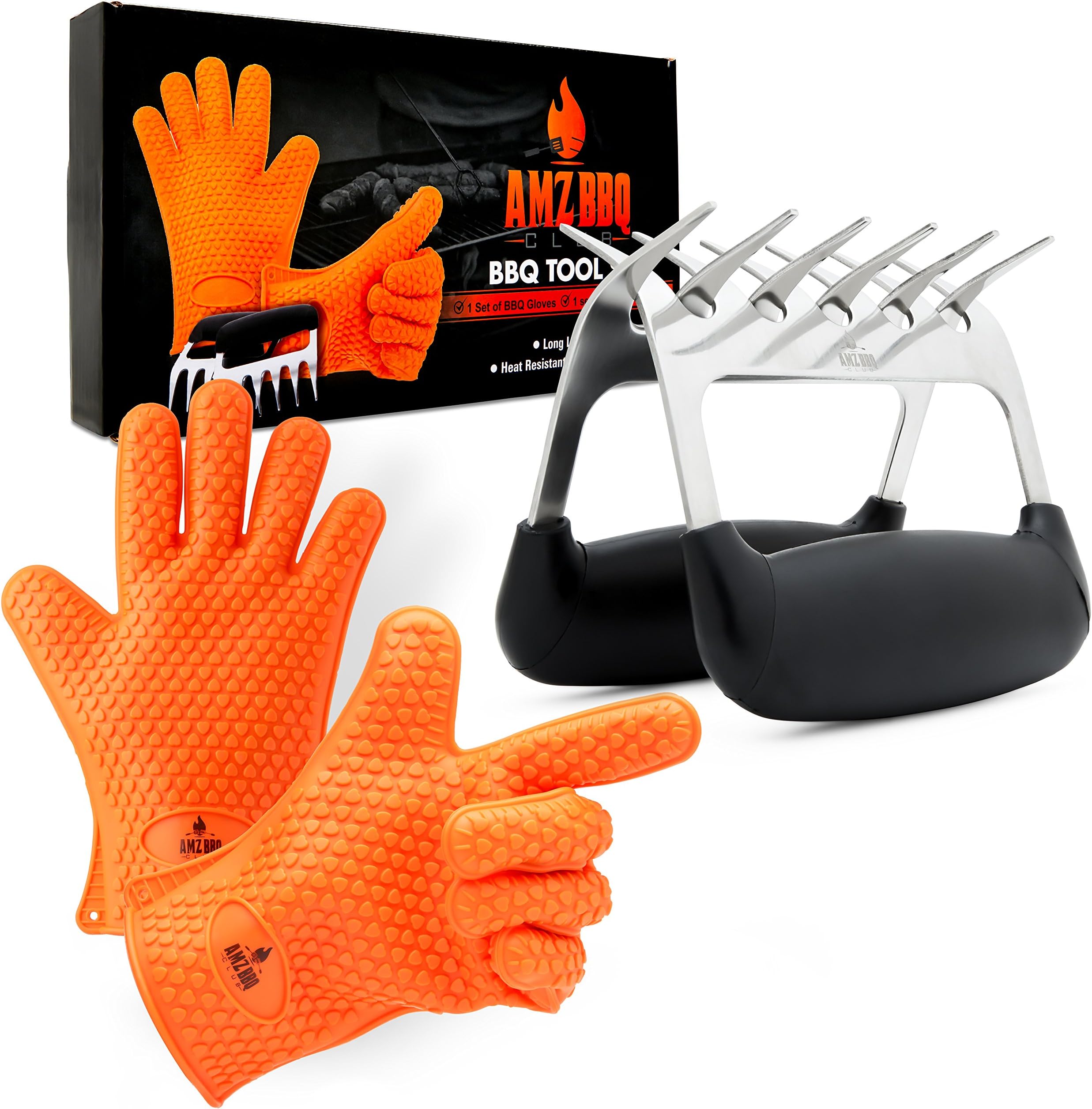 AMZ BBQ CLUBUltimate Barbecue Accessories Set With Pulled Pork Claws - Heat Resistant Gloves And Pulled Pork Shredder Makes A Perfect Smoker Accessories Gifts For Men (Orange-Gloves-Metal-Claws)