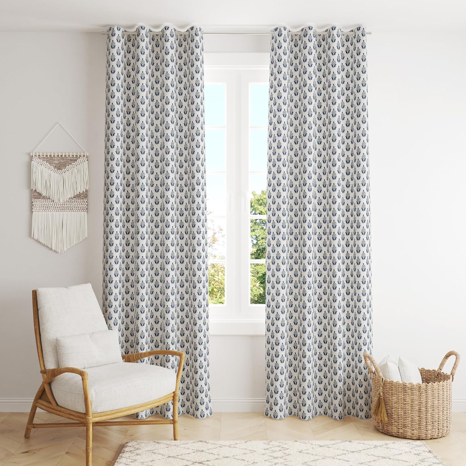 Trade Star Pure Cotton Curtain with Cushion Cover - Modern Hand Block Print, Semi Sheer, 100% Cotton, Single Panel, Grommet Eyelet, 84" L x 38" W