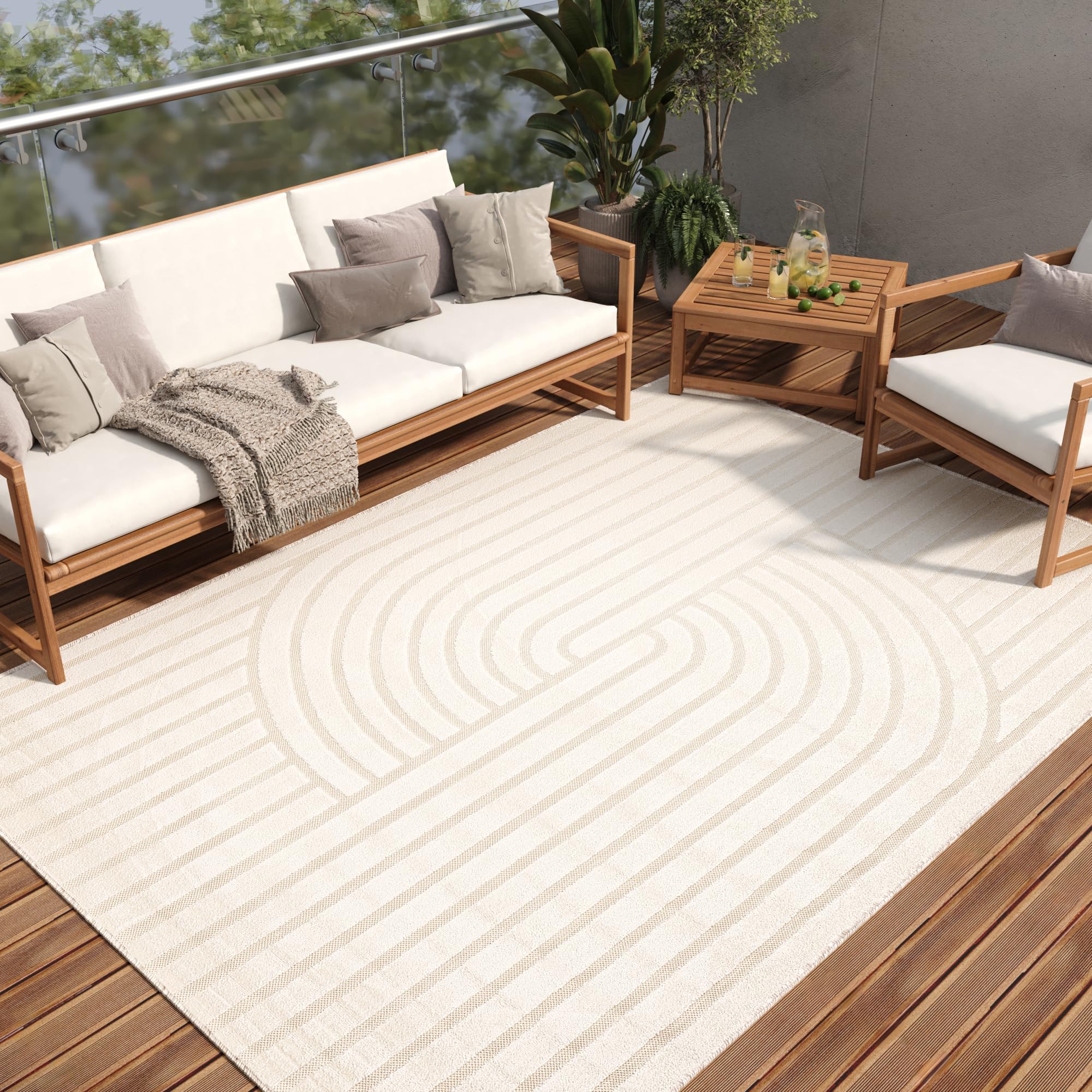 TAPISO Patio Tapis Extérieur Intérieur Terrasse Balcon Jardin d'hiver Cuisine Salon Moderne Crème Géométrique Aspect 3D Résistant aux Intempéries Oeko-TEX 160 x 220 cm