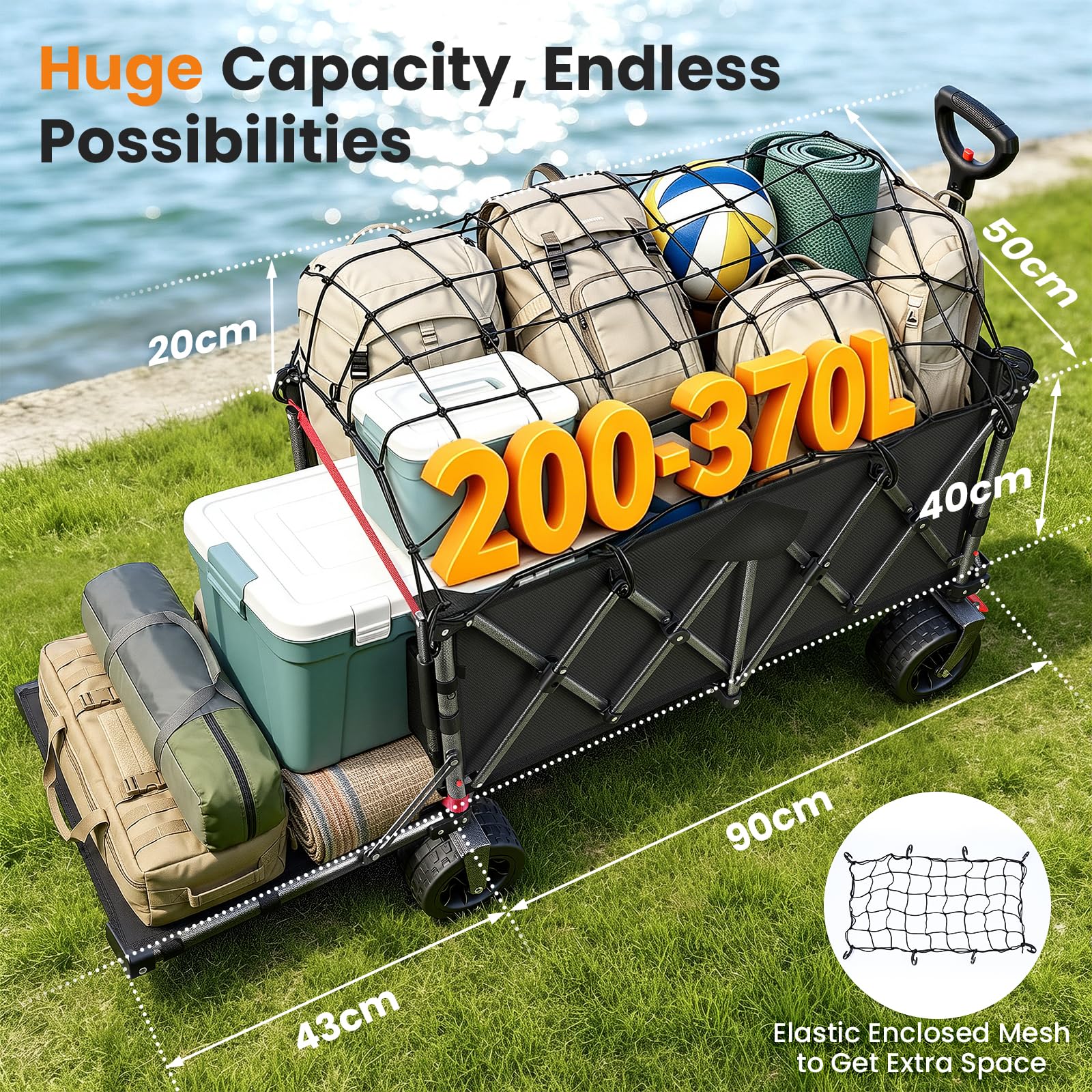 YEAUPE PRO Bollerwagen faltbar mit Feststellbremse, 66L 50kg, Faltbarer Bollerwagen aus 4 Richtungen, Höhenverstellbarer Griff & Seitenöffnung für Garten, Camping, Strandwagen & Einkaufen, Schwarz