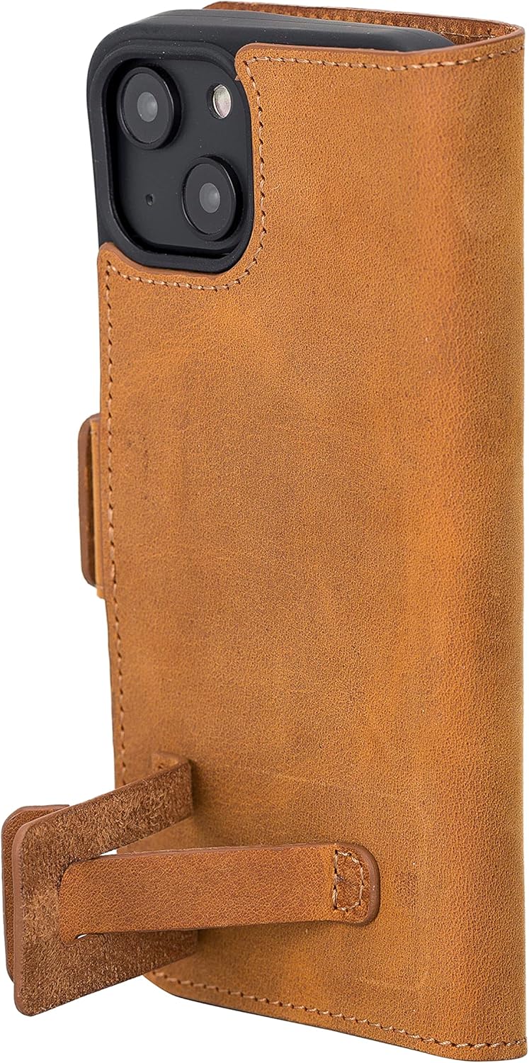 Bayelon Leather Wallet Case for iPhone 14 - MagSafe Compatible Flip Cover Card Holder Slots, Full Grain Leather, Kickstand Function (Antique Camel)