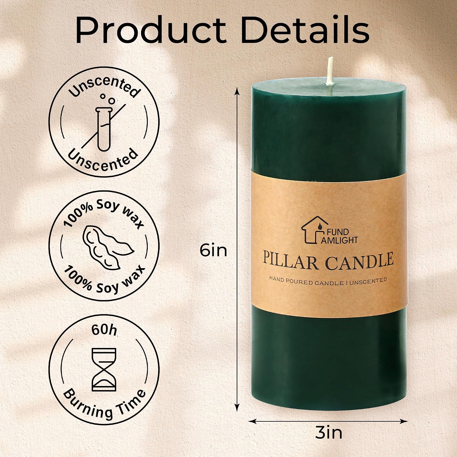 3x6 Inch Dark Green Pillar Candles Set of 3 - Decorative Unscented Pillar Candle, Long Burning Dripless Candle, Smokeless Large Pillar Candles for Wedding, Dinner, Christmas Home Decor