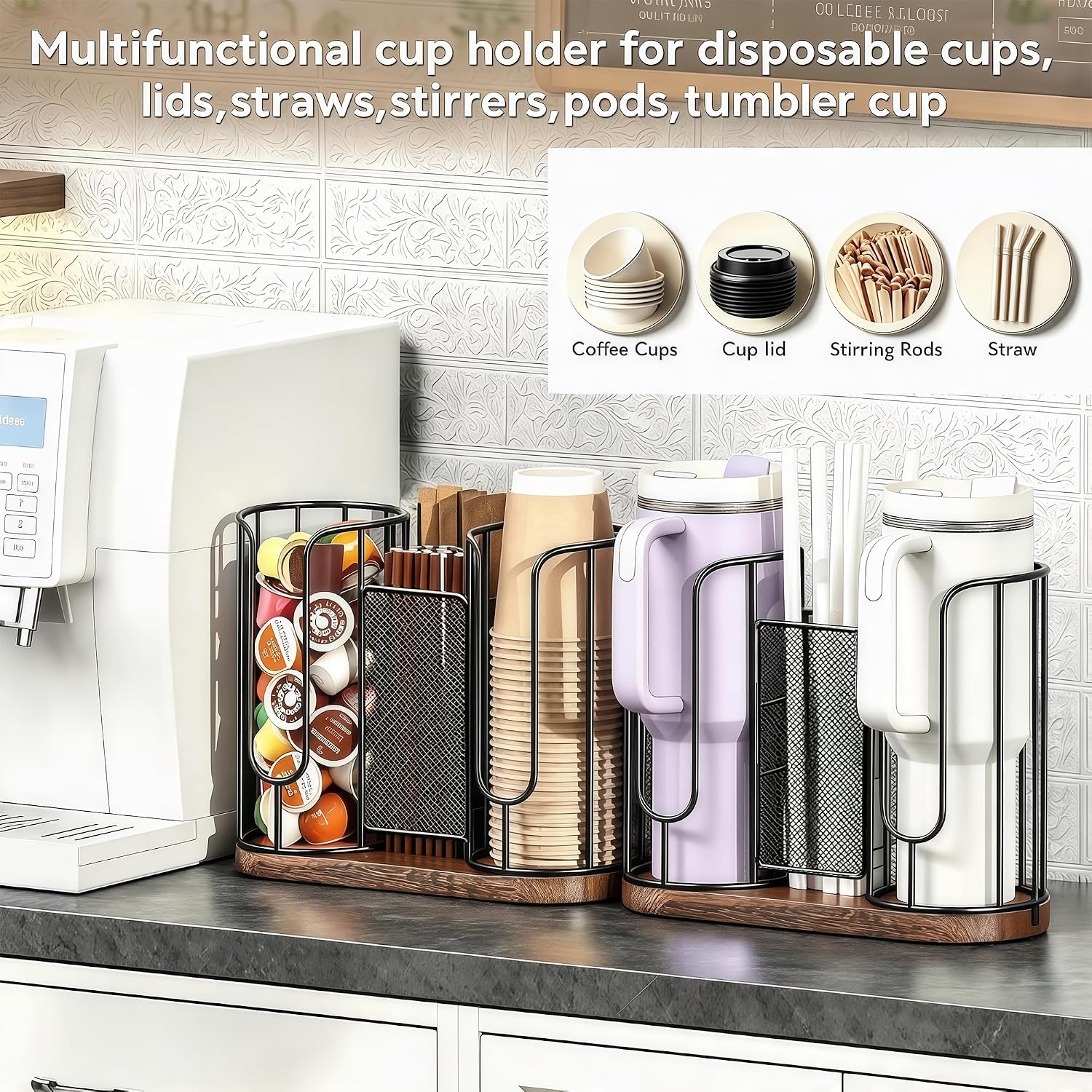Coffee Cup and Lids Holder - Disposable Cups Straws Organizer with Wood Base-3-Compartment Paper Plastic Cup Holder Dispenser Storage for Countertop Coffee Station Bar Restaurant Office Breakroom