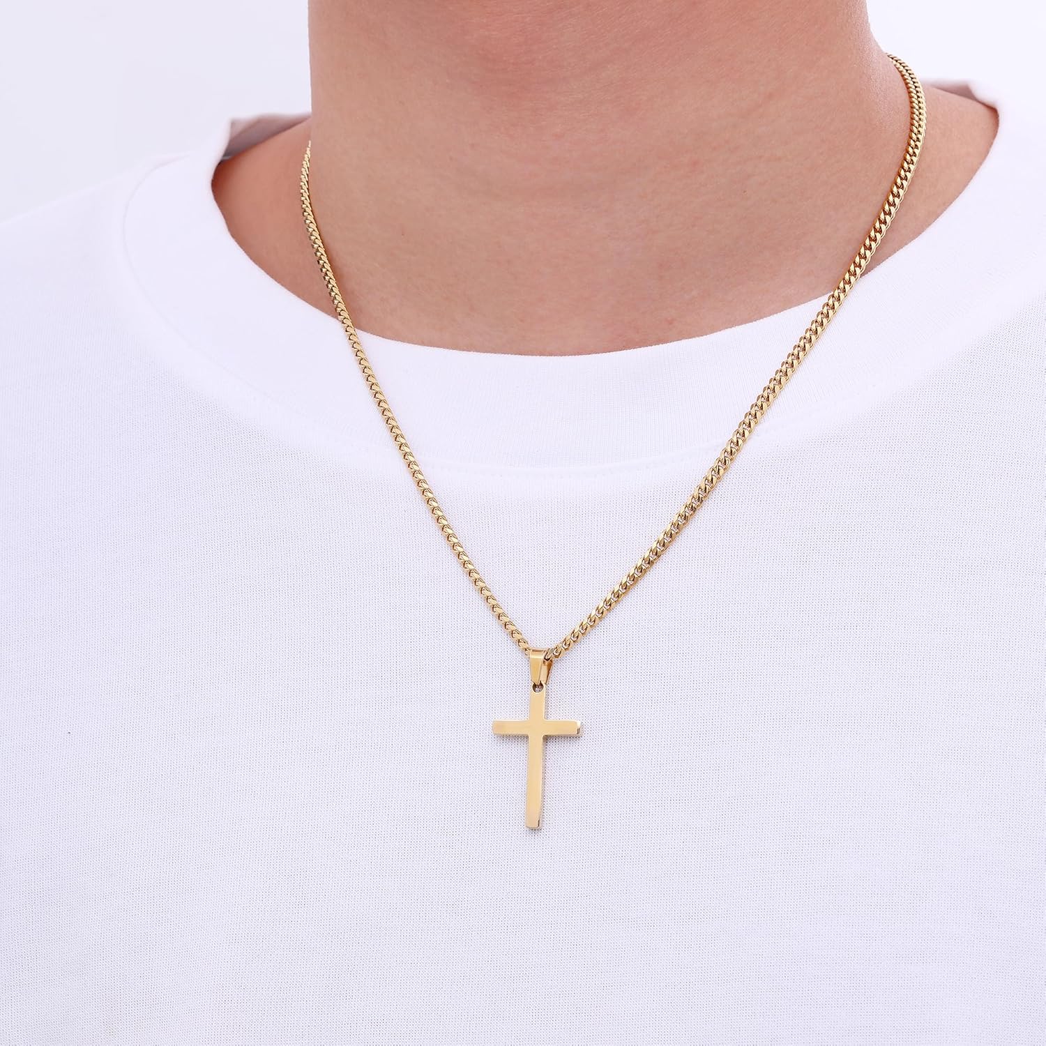 Fiusem 14K Gold Plated Cross Necklace for Men, Mens Cross Necklaces with 3.5mm Chain and Stainless Steel Small Pendant, Cuban Chain 16-24 Inch - Image 3