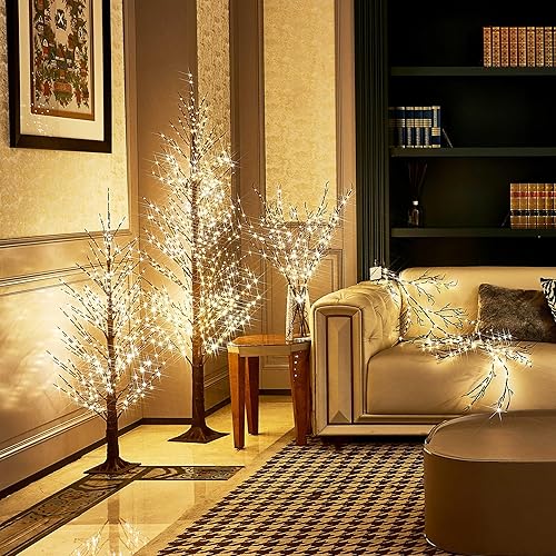 Miniatura 6 de Hairui Árbol alpino marrón iluminado con luces de hadas blancas cálidas de 450 litros de 4 pies, árbol de ramita marrón con luces para interiores y