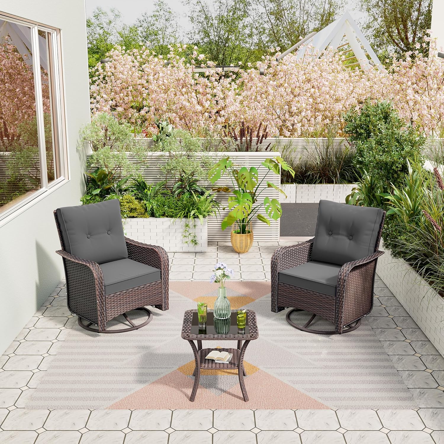 3 Piece Wicker Swivel Rocking Chair Set, Outdoor Patio Glider Chair with Glass Top Coffee Table, Conversation Furniture Set Suitable for Patio, Lawn, Outdoor, Back Garden(Grey)