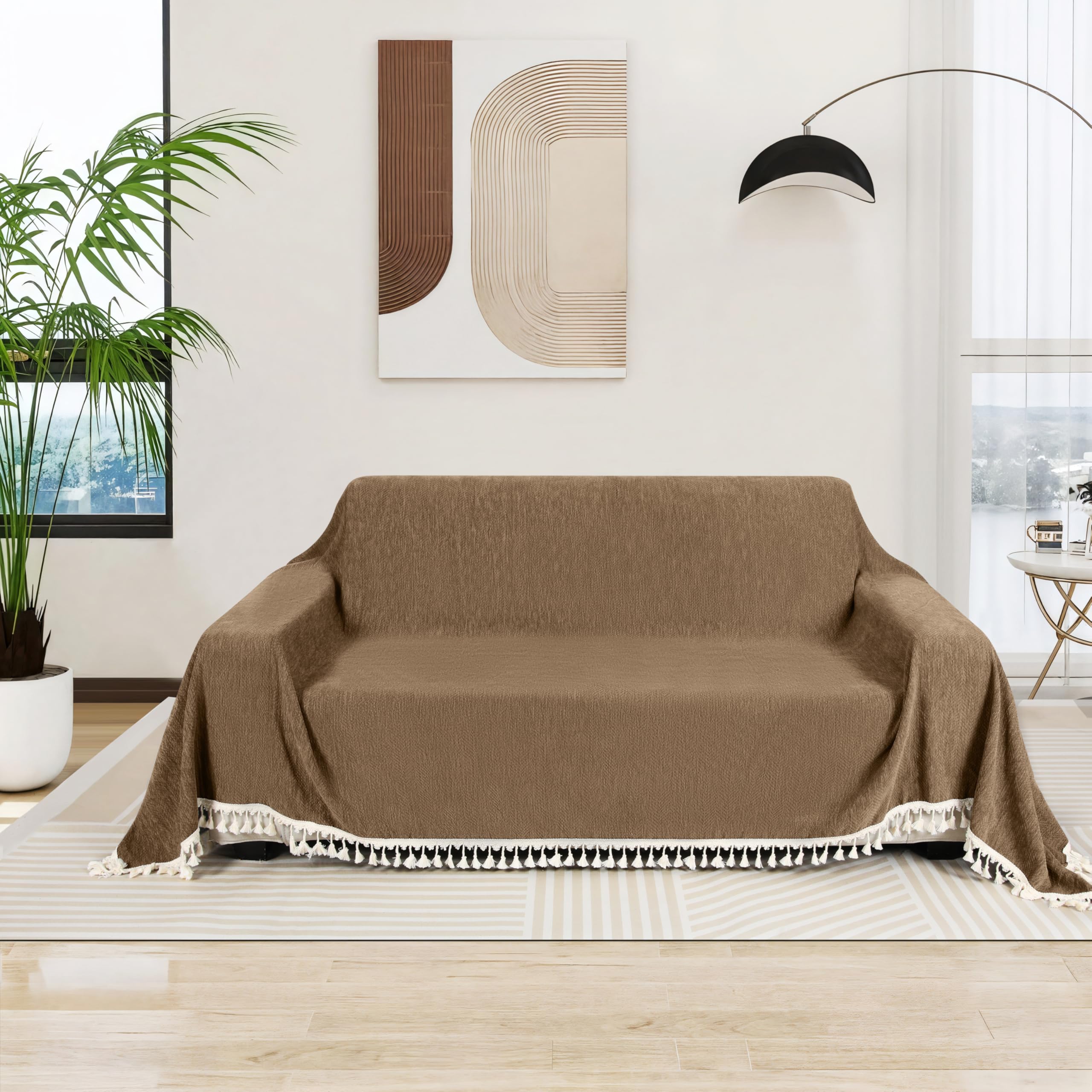 Chenille Sofa Throw Blanket with Tassel - Durable 3/4 Seater Sofa Cover for Pet, Luxurious Reversible Couch Cover for Living Room, Sofa Protector, Home Decor, Machine Washable (DarkCoffee,180x340cm)