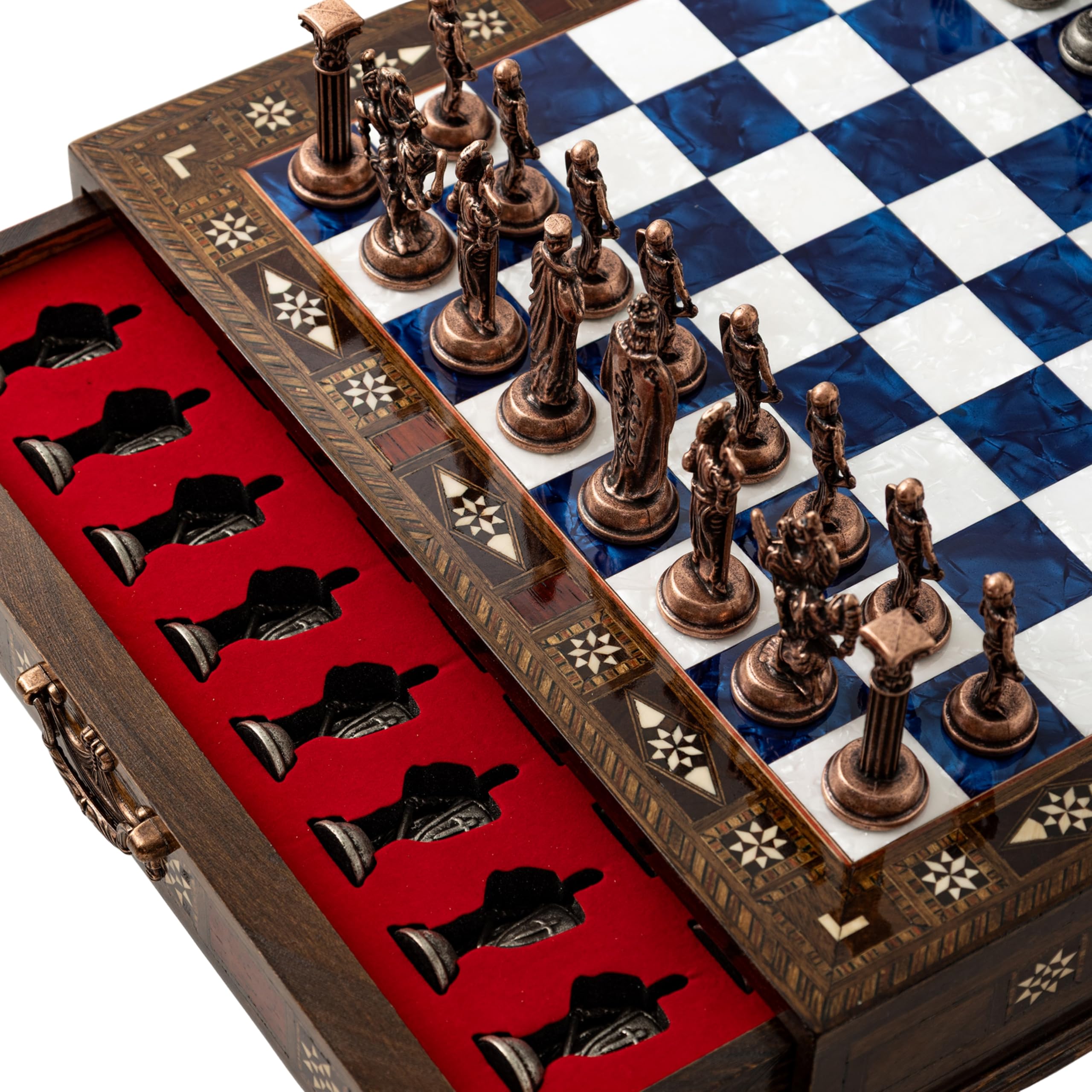 15’’ Handmade Chess Set with British Army Metal Chess Pieces, Luxury Storage Chess Board, for All Ages, Ideal for Father, (Blue)