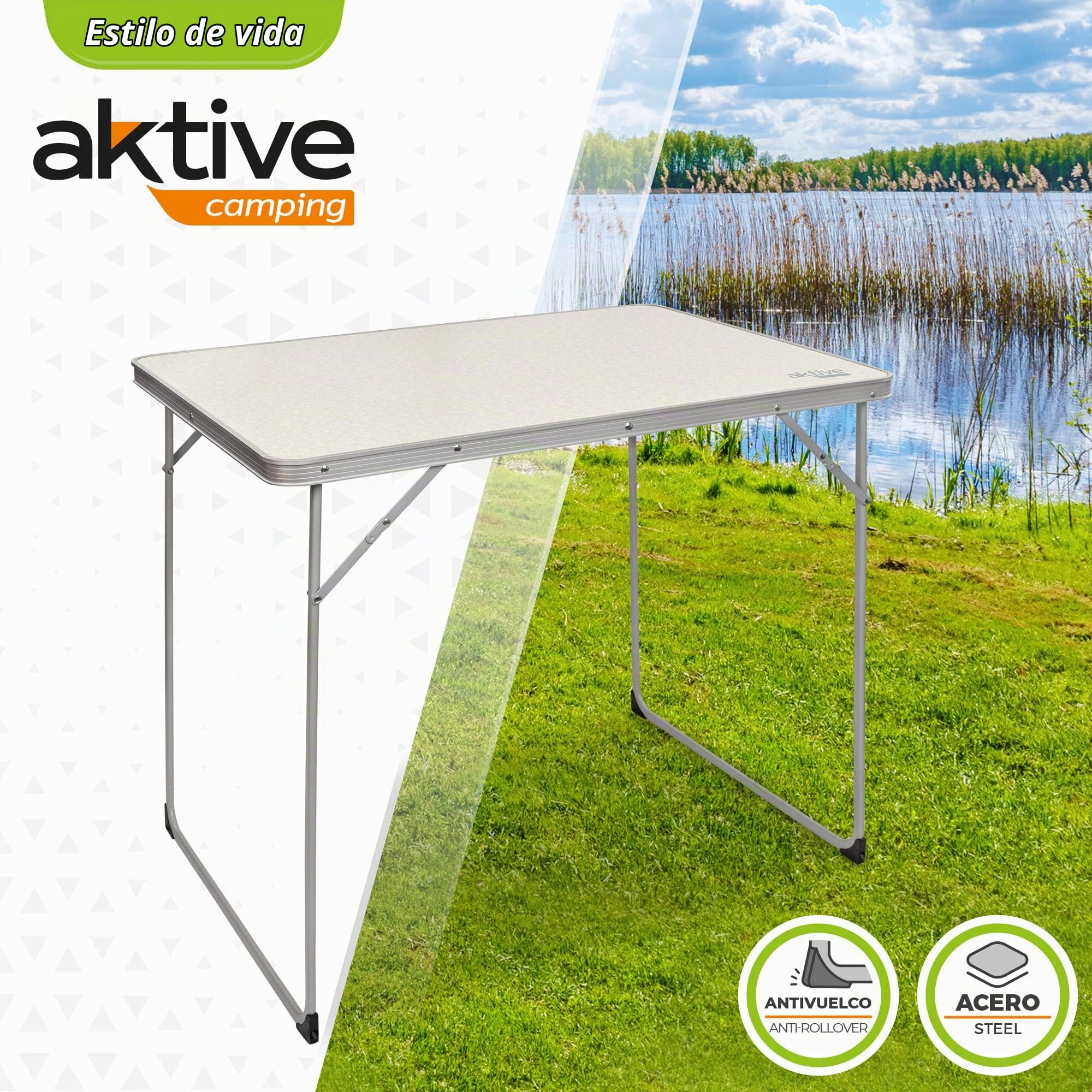 Aktive 52867 - Mesa plegable camping, playa, portátil color blanco, aluminio, resistente, 80x60x70 cm