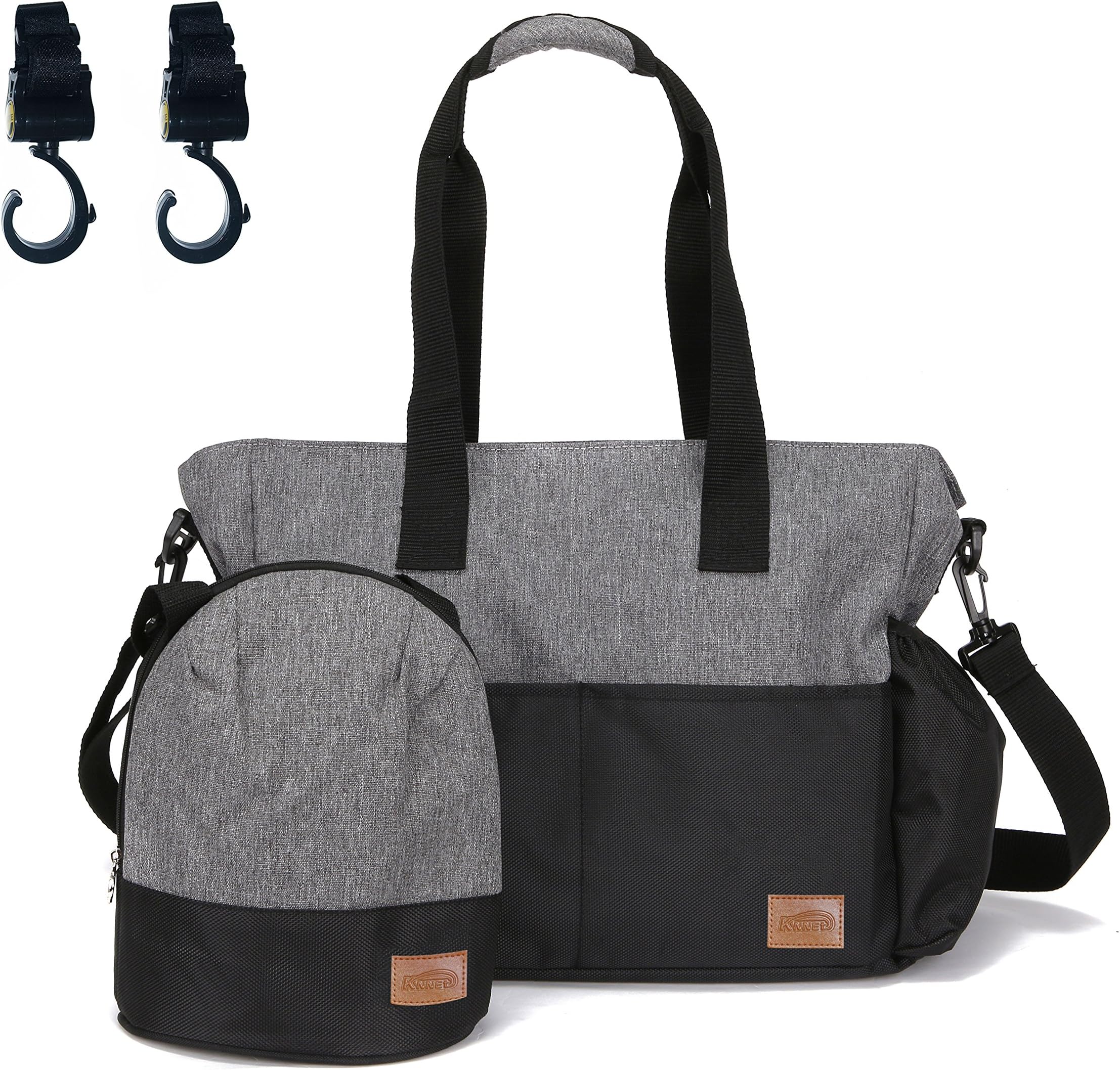 Diaper Tote Bag for Women Men, Stylish Designer Shoulder Bag Baby Stroller Organizer with Insulated Bottle Sack, Gray/Black