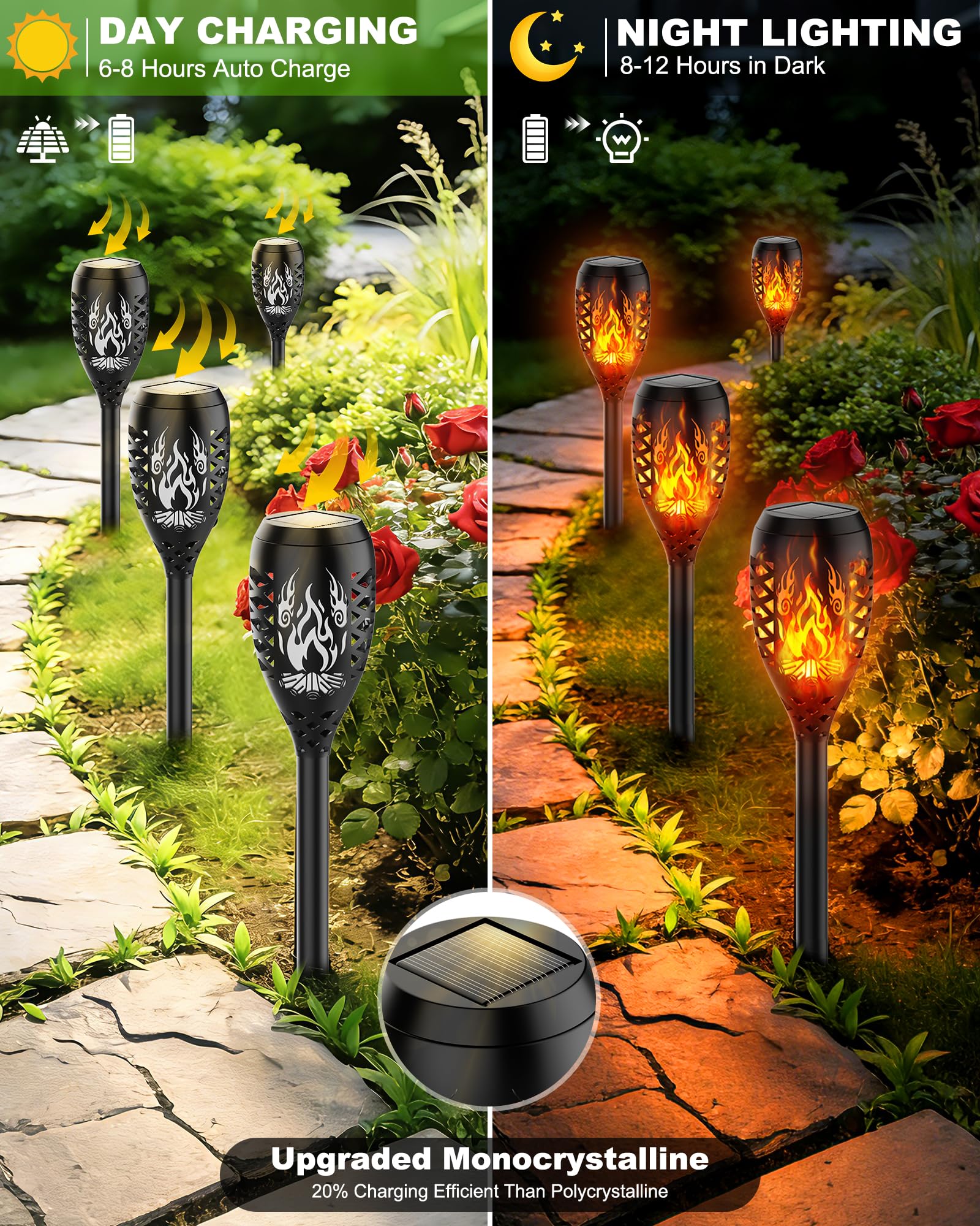 Lampes Solaires de Jardin pour Extérieur, [10 Pièces] Design Feu de Camp, Torches Solaires IP44 Étanches, Lampe Solaire pour Jardin, Allées, Cours, Pelouse