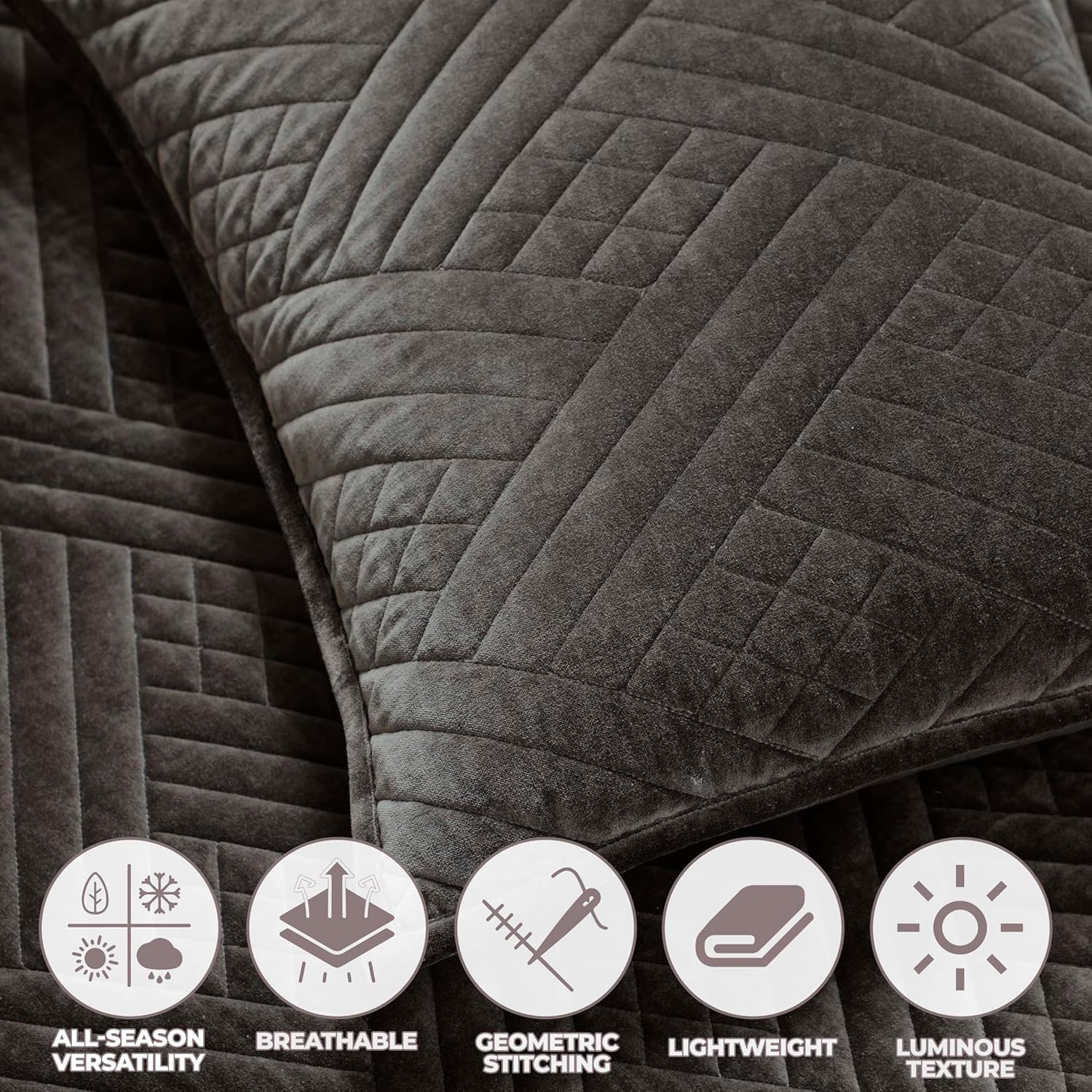 Superior 100% Cotton Velvet Quilt, 1 Lightweight Breathable Coverlet, Luxury Home Decor, Comfy Home Essential Bedding, Cotton Fill, Geometric Aesthetic, Karina Collection, Throw Size, Grey