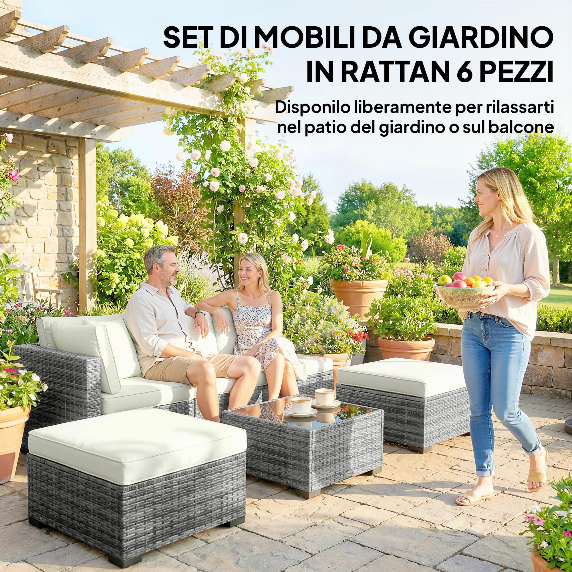 Outsunny Set Salotto da Giardino in Rattan 6 Pezzi, Set di Mobili da Giardino ad L con Divani senza Braccioli, Sedia Angolare, Poggiapiedi, Cuscini, Tavolino, Salottino da Esterno Patio, Grigio Misto