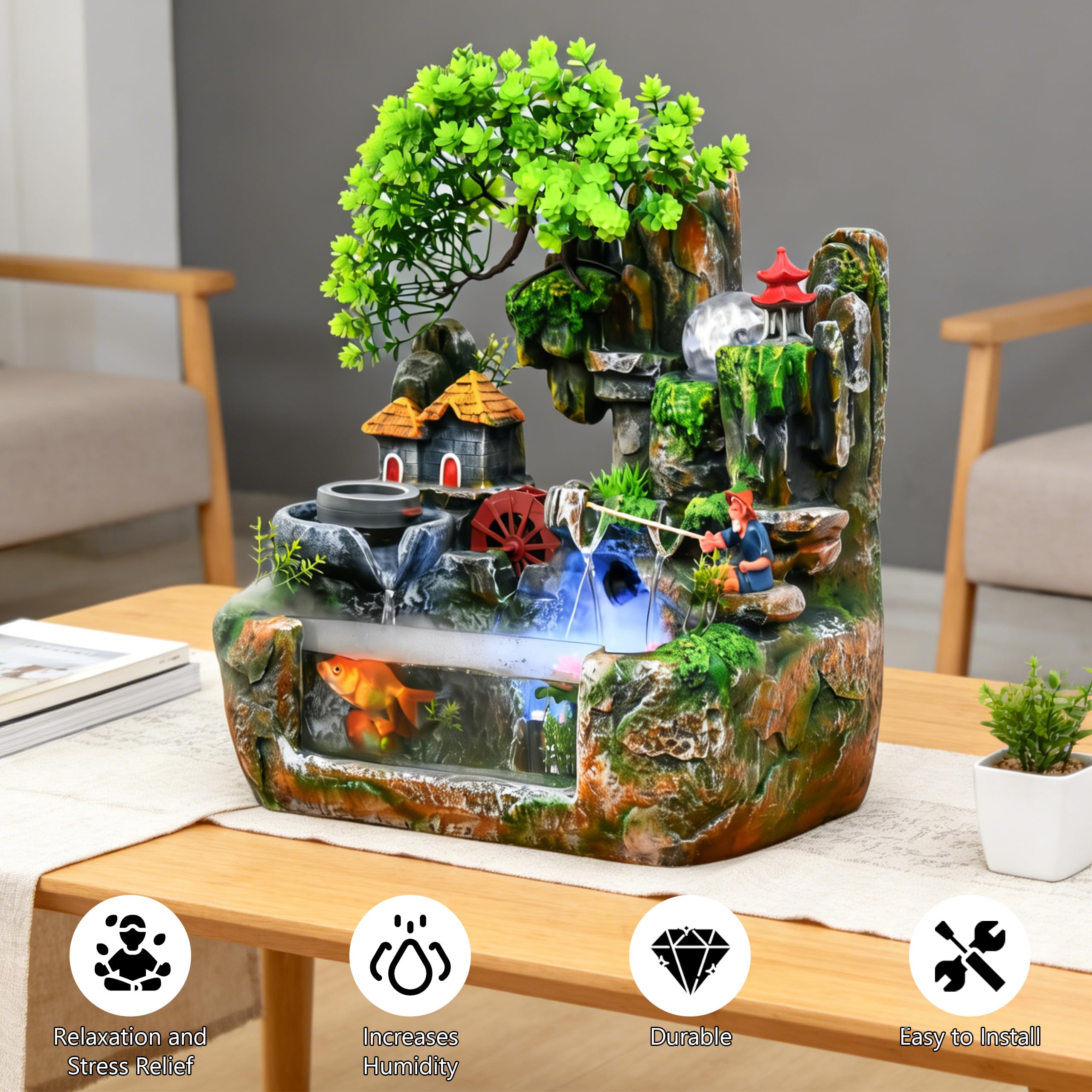 Zimmerbrunnen Wasserfall, Tischbrunnen Indoor, Grüne Pflanze Brunnen Zimmerspringbrunnen mit Beleuchtung, Zimmerbrunnen mit Pflanzen für Platzierung Wohnzimmer Schreibtisch(38 * 30 * 20cm)