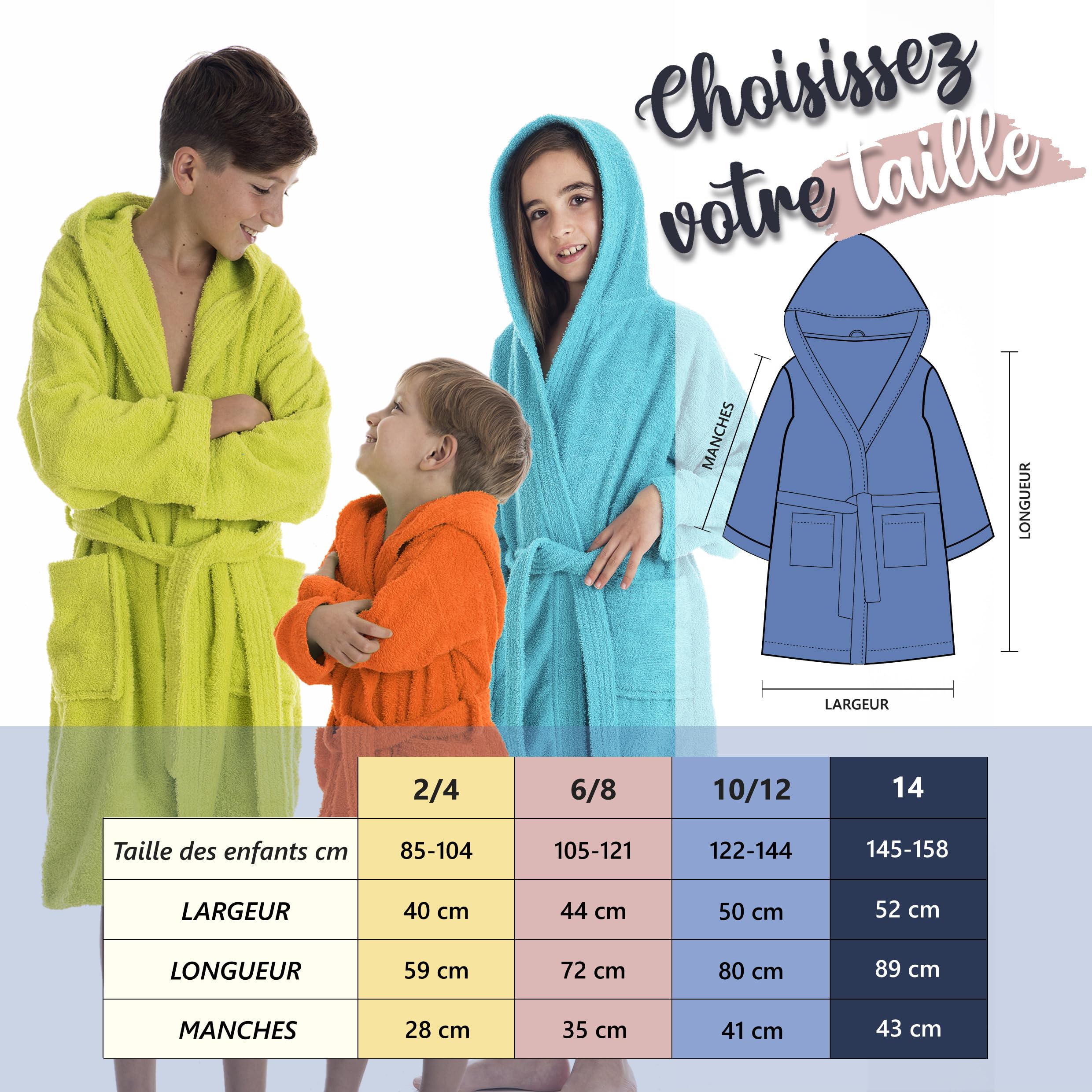 LEBENGOOD - Peignoir enfant - 100% coton OEKO-TEX®. - 2 poches, ceinture, capuche, peignoir en peluche très doux pour enfant, adolescent