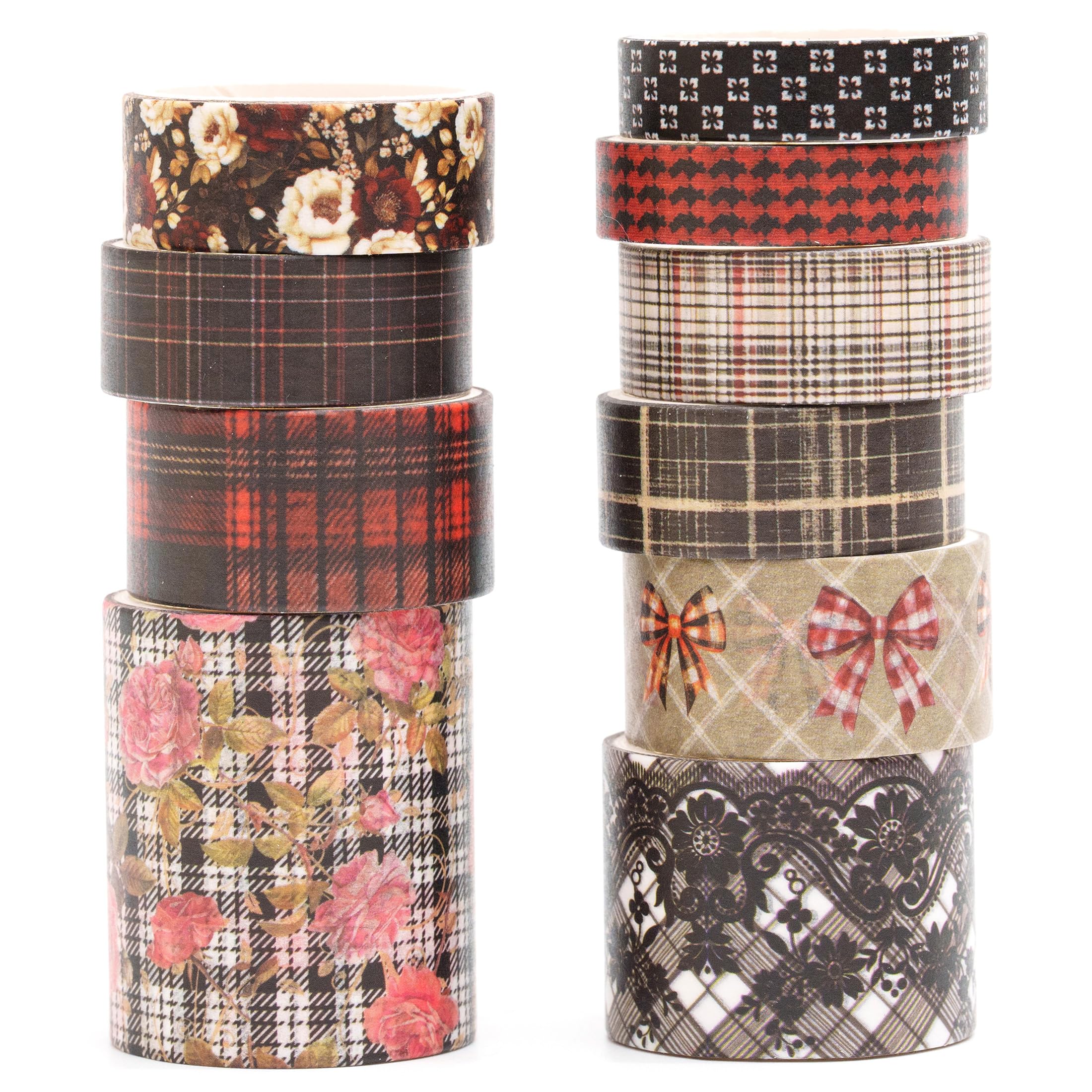 Songdao 10 Rolls Vintage Floral Washi Tape Set Pastel Plaid Arts Adhesive Tapes Soft Colors Decorative Masking Tape Sets for Craft, Kids, Scrapbook, DIY, Gift Wrapping (Rose Plaid)