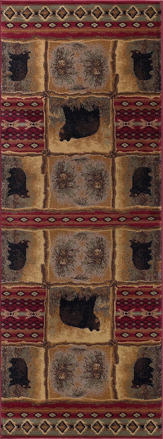 Sierra Bear Novelty Lodge Pattern Red Runner Rug, 2.7' x 7'