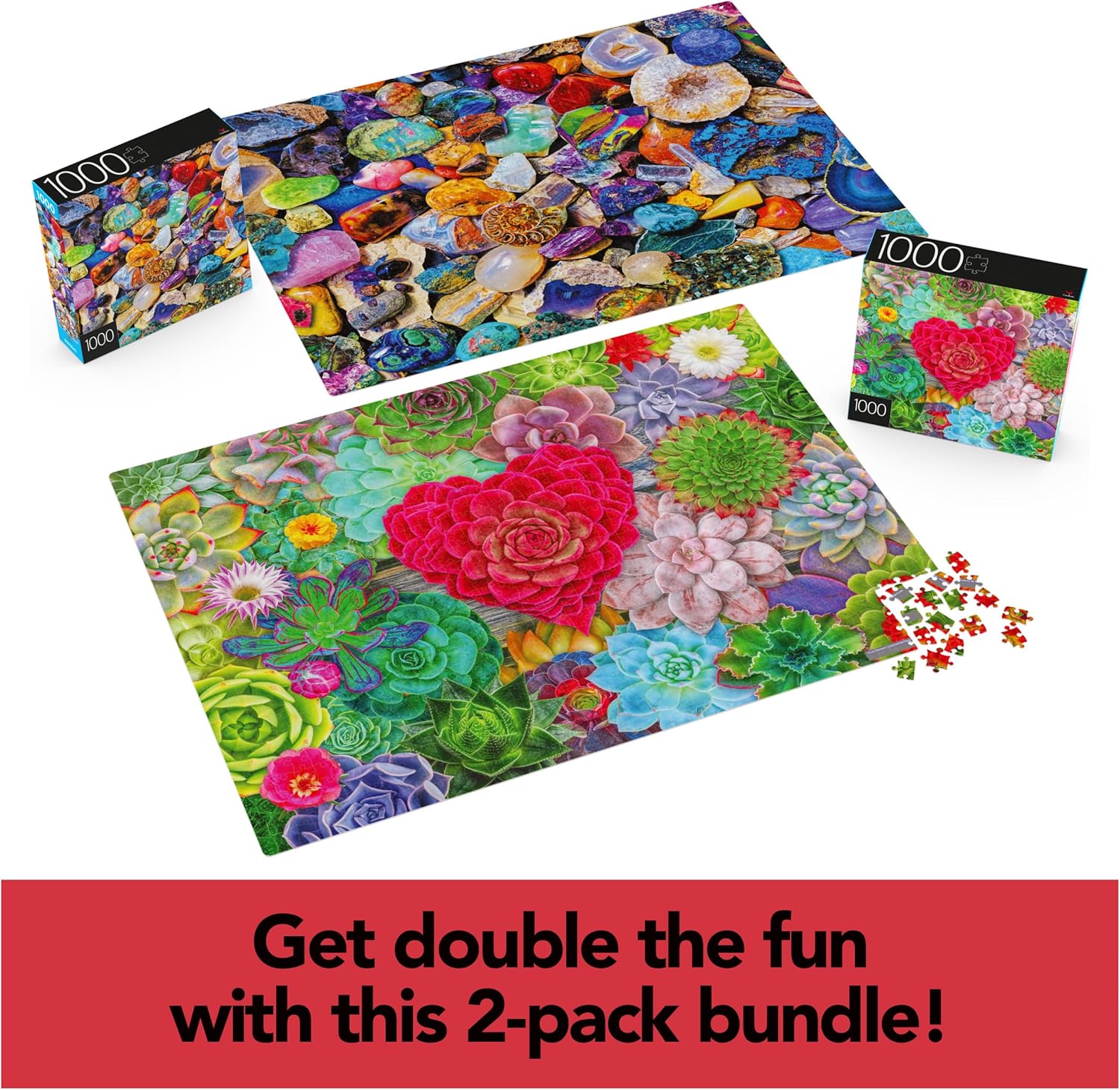 2-Pack of 1000-Piece Jigsaw Puzzles, Succulents & Rocks and Minerals | Puzzles for Adults and Kids Ages 8+, Amazon Exclusive