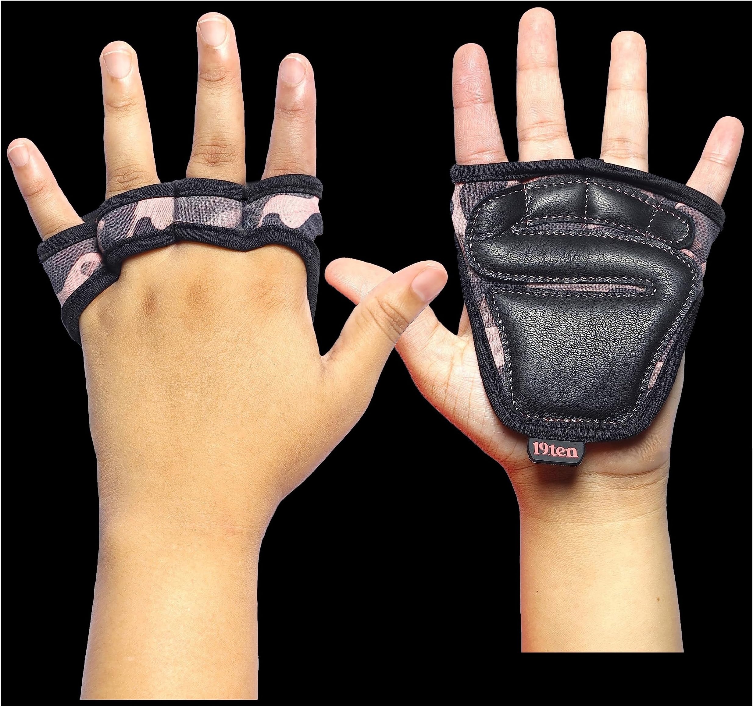 Leather Tarsus Palm Protector Fitness Grip Pads for Gym Exercise Fitness Workout Weight Lifting Training Gloves for Men Women (Large, Pink Camo)
