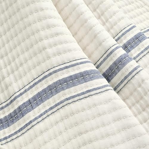 Miniatura 2 de Lush Decor - Manta reversible de rayas de granja Kantha con punto de lana teñida y algodón tejido, diseño de rayas finas, 50" x 60", azul marino